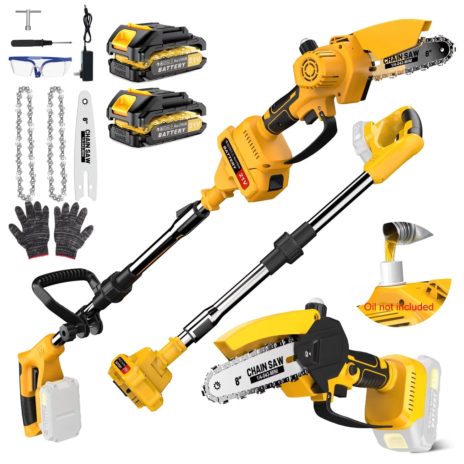 Pole Saw Premium with Battery, Chain Brake, 2 x 3.0Ah Battery - Yellow Model 04F026