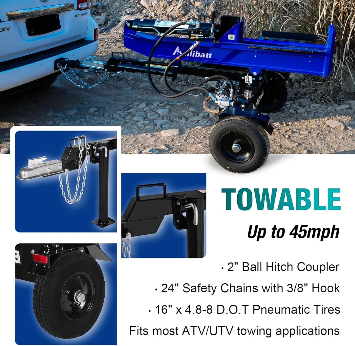 Quality Logsplitter with Wheeled, 30-Ton Gas Log Splitter, Auto Return Hydraulic System - Blue Model CDEB29