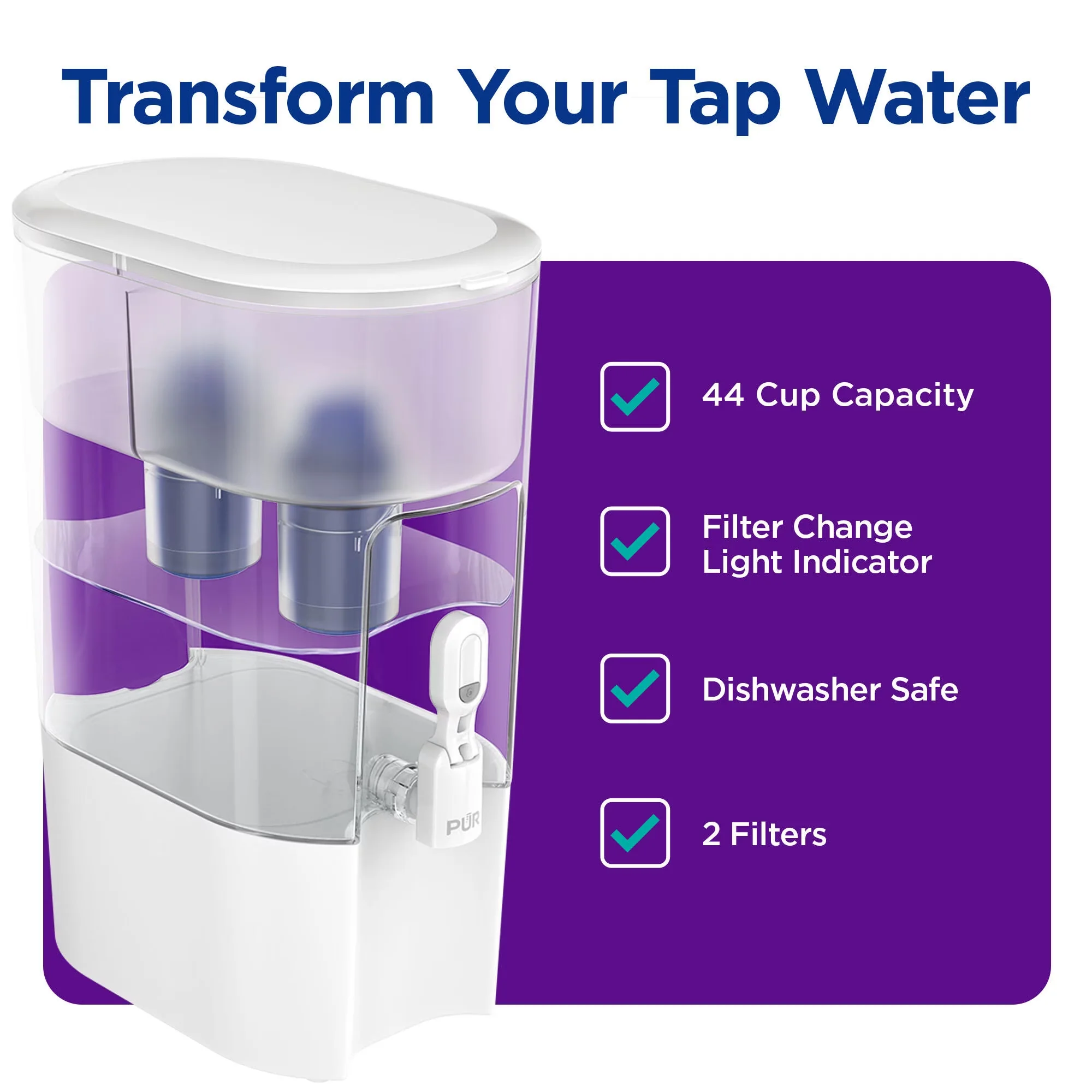 Versatile Water Filtration with W 12.5" x H 17" x L 7.7", 2 Filters, 44 Cup XL Dispenser System - Plastic Blue Model 24D636