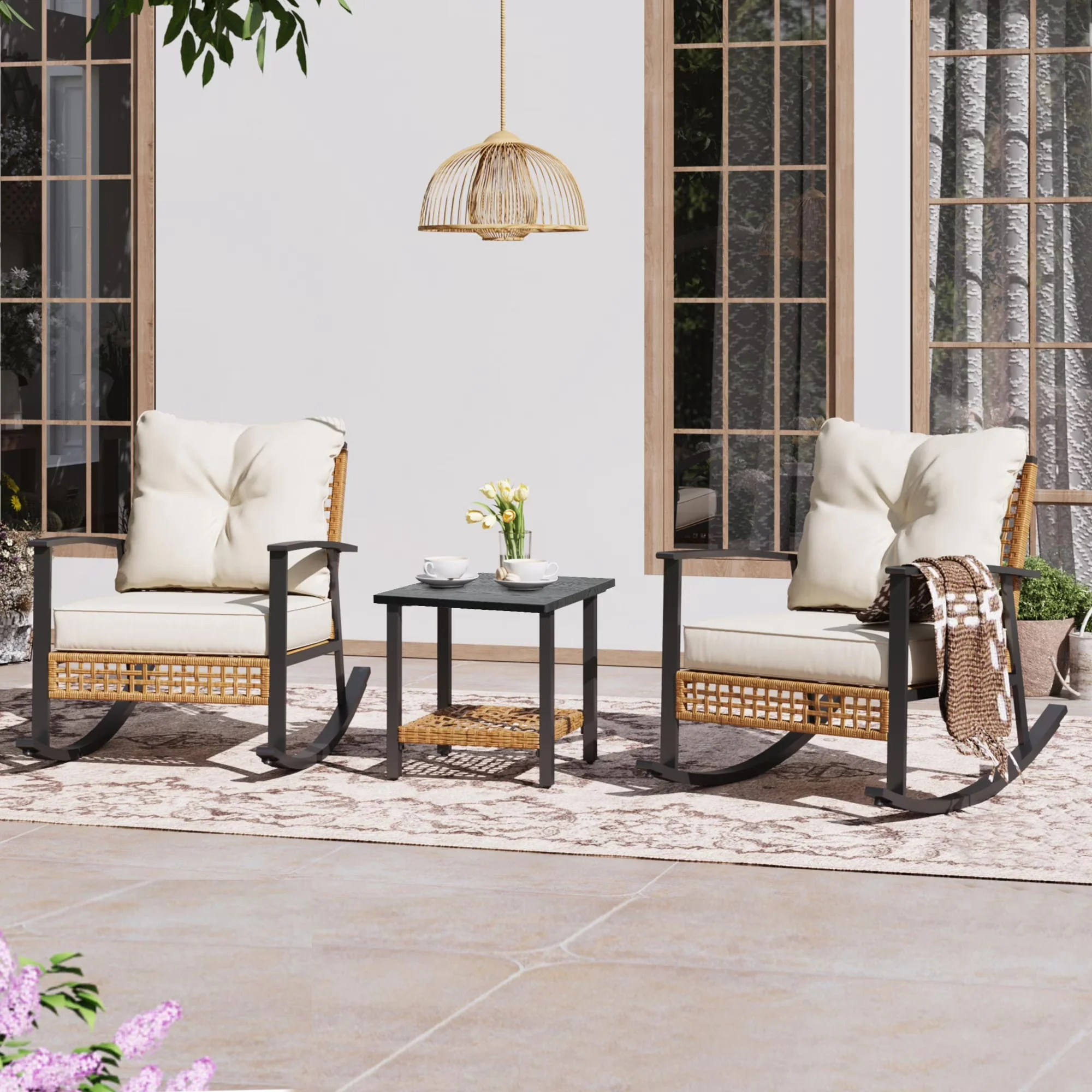 Patio Conversation Set Durable with Weatherproof, Beige Cushions & 2-Tier Coffee Table, 3-Piece - Beige Metal, Pe Wicker for Patio Model 8D9868