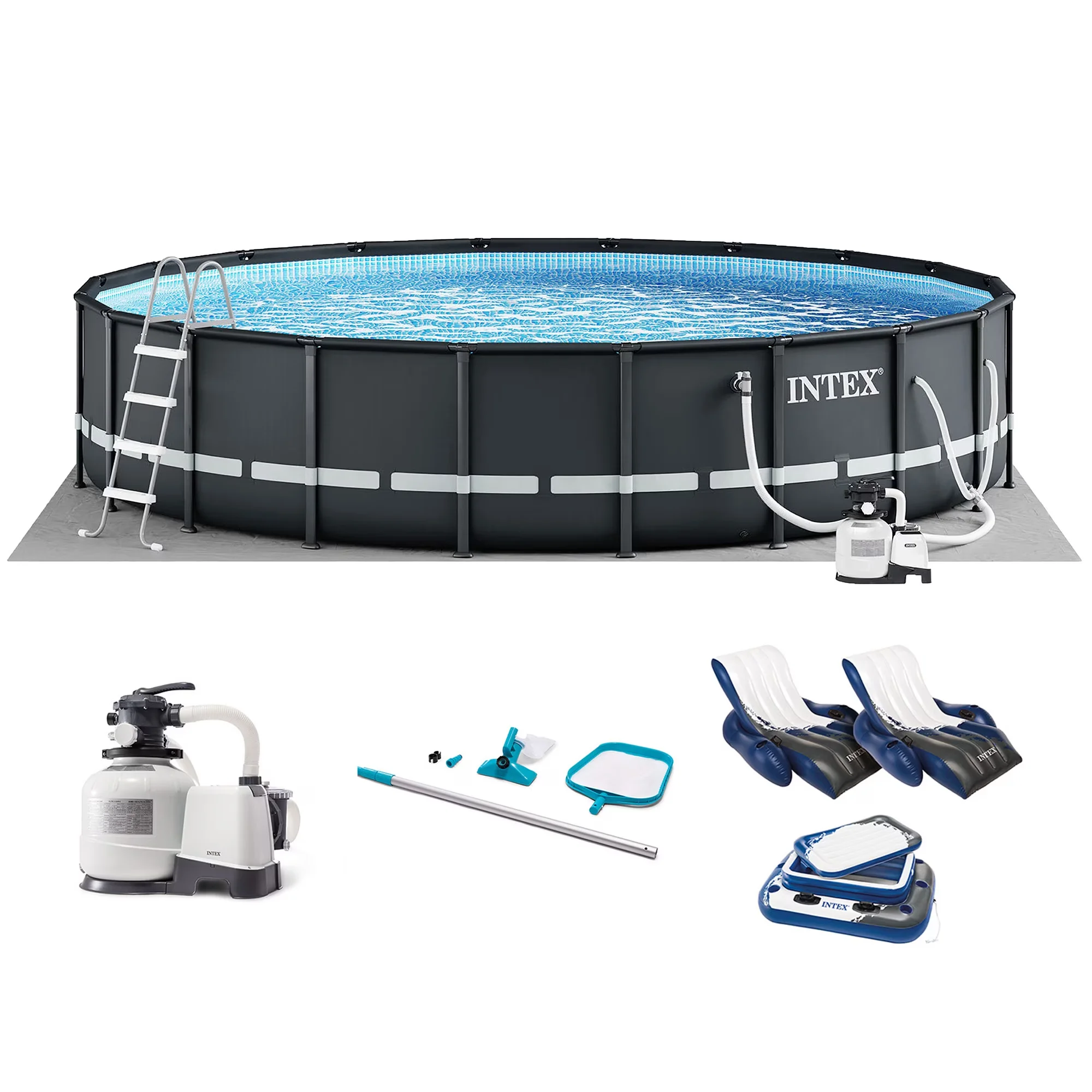 Professional Inflatable Pool with Puncture Resistant, Floats (2 Pack), & Cooler - Blue Model ED3529