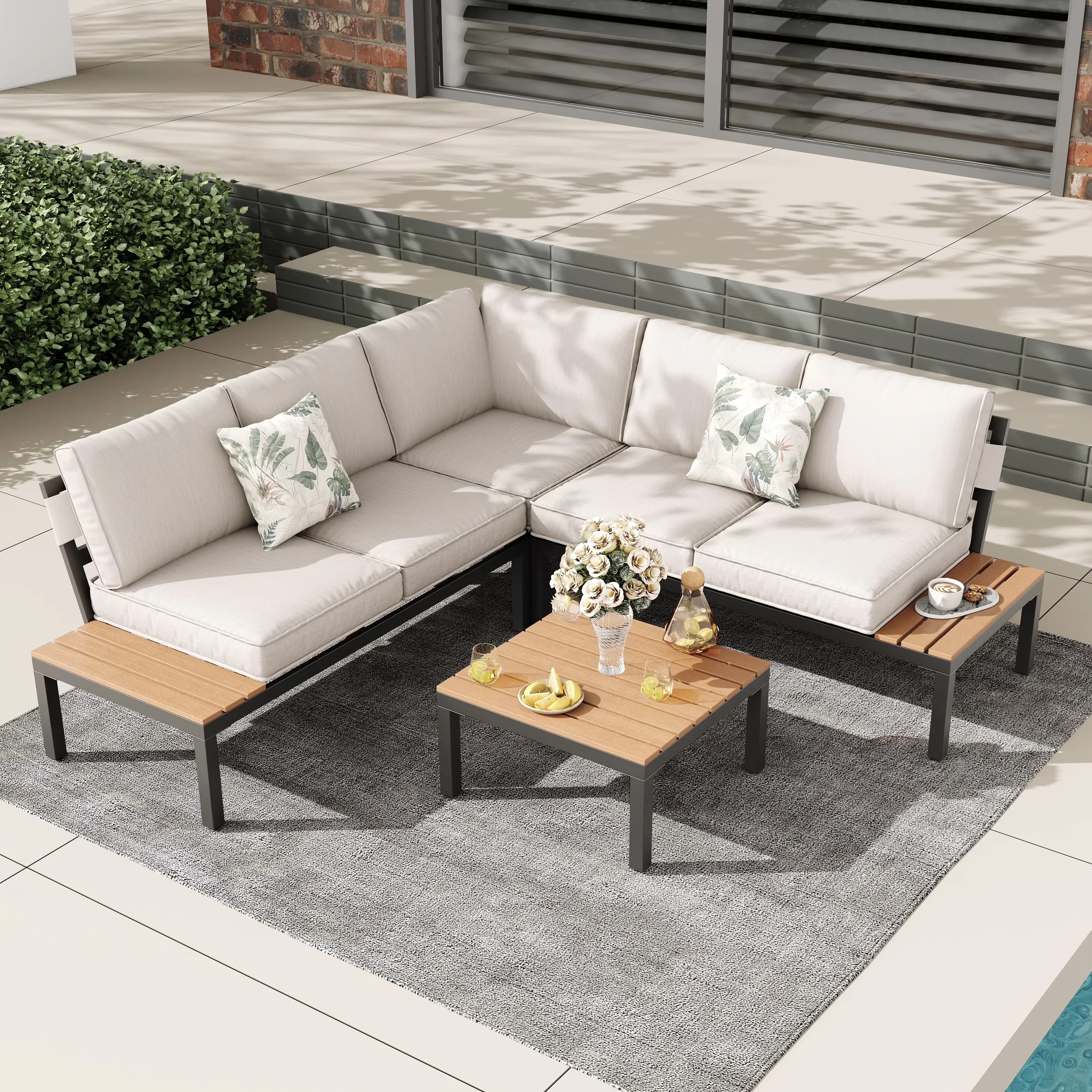 Compact Outdoor Sofas Sectional with Uv Resistant, Reclining - Metal, Fabric Beige Model 3CA54A