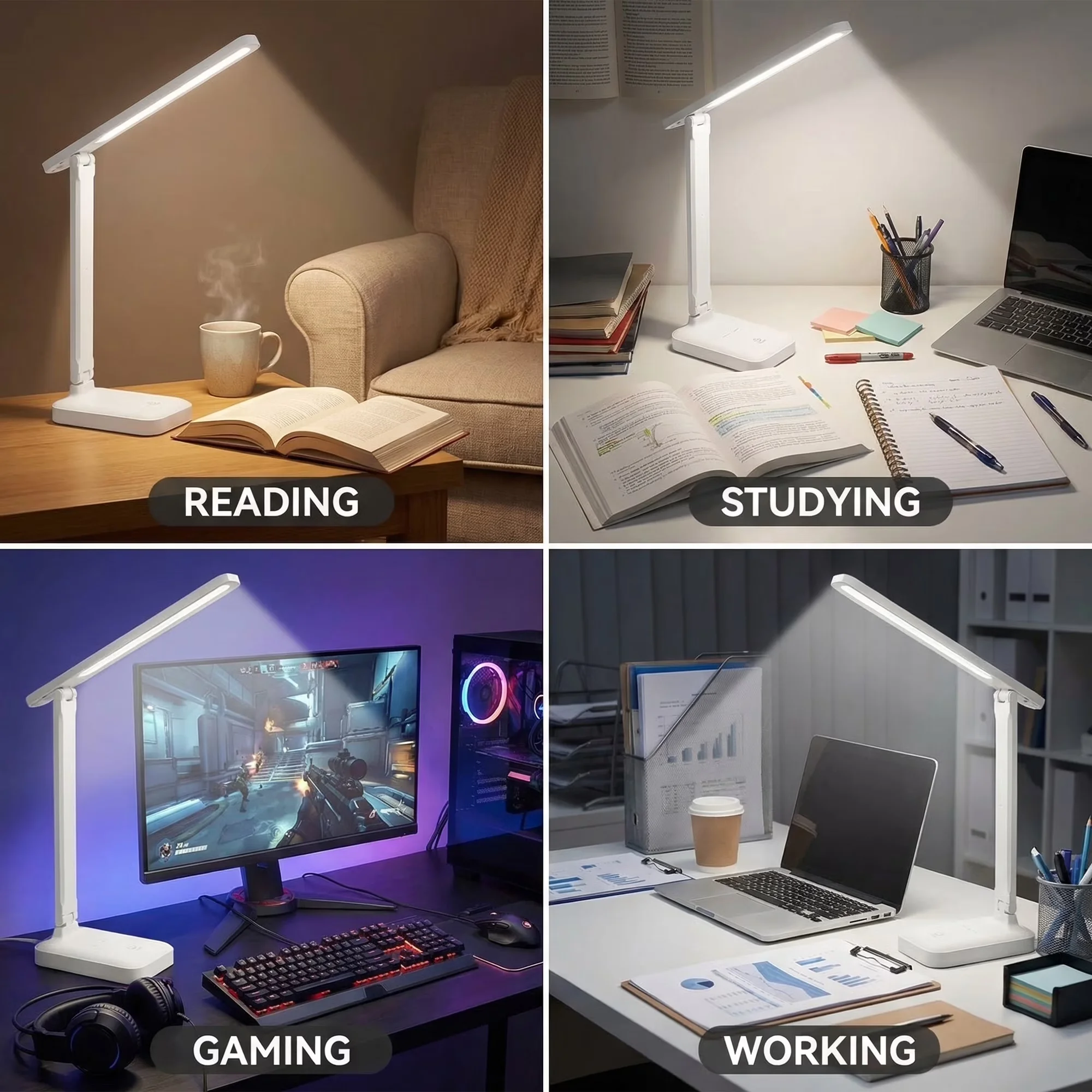 Desk Lamp Versatile with LED, Battery, Touch Sensor - White Plastic for Study, Travel Model 9995DC
