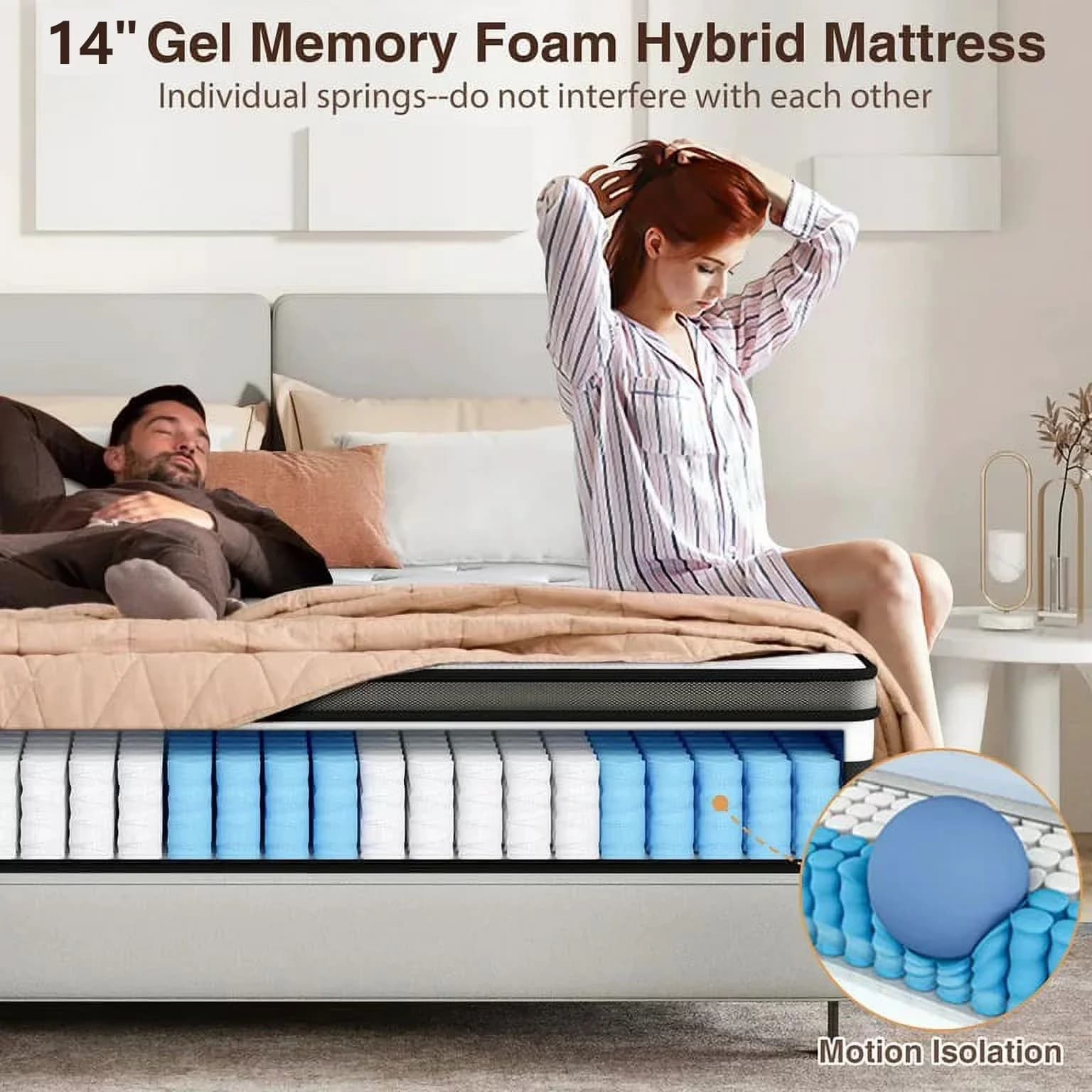 Reliable Mattresses Accessory with Mattress-In-A-Box, King Size Mattress, 14in Gel Memory Foam Mattress - White 3D Knitting Fabric Model D5E851