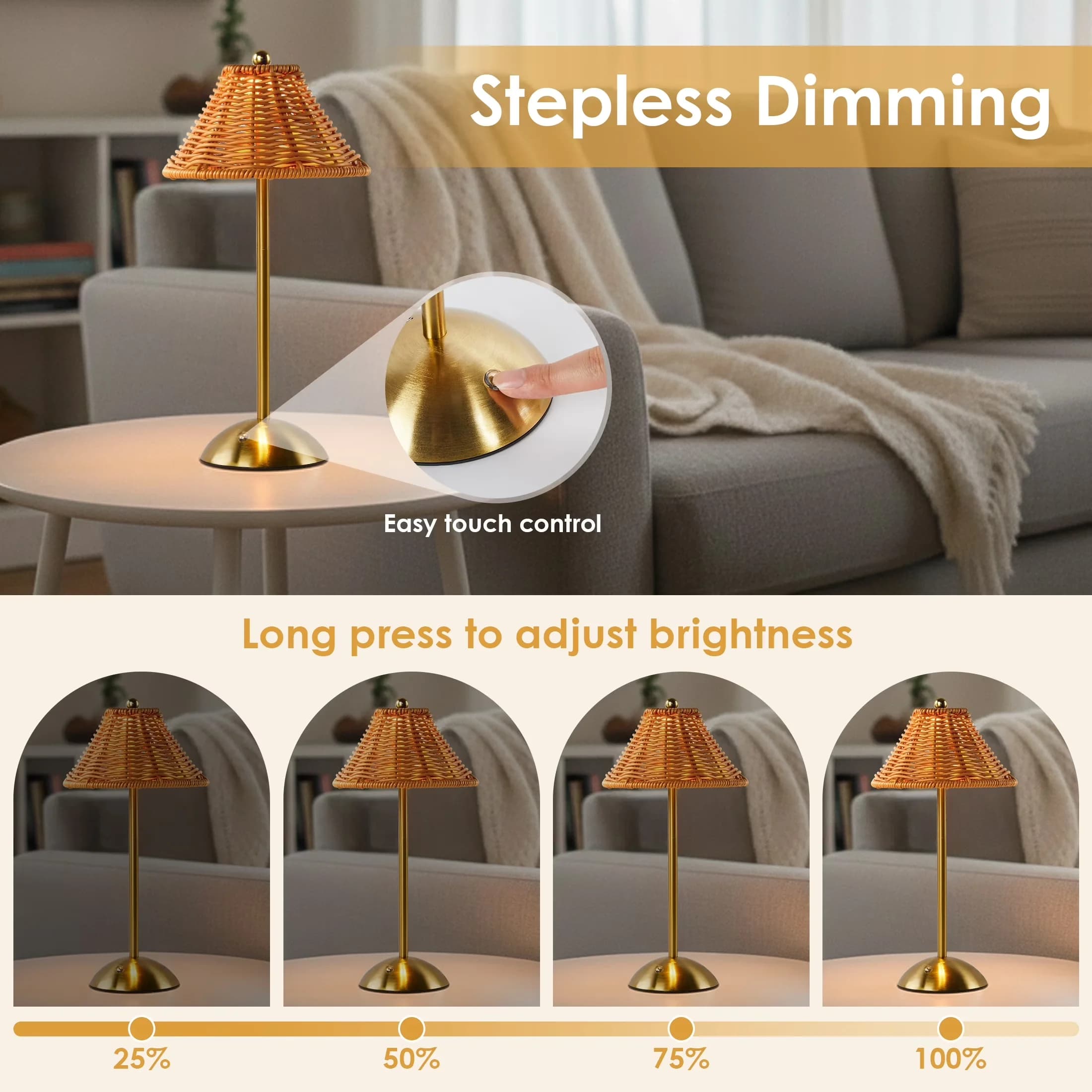 Quality Lamp with LED, Battery, Table Lamps - Beige Faux Rattan, Metal Model 610DD4