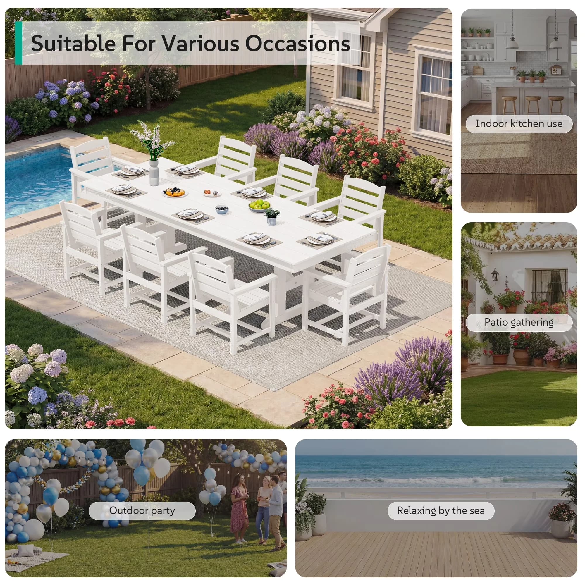 Professional Patio Dining Set with Weatherproof, 9 Pieces Outdoor - 1 Table + 8 Chairs White Model C1A481