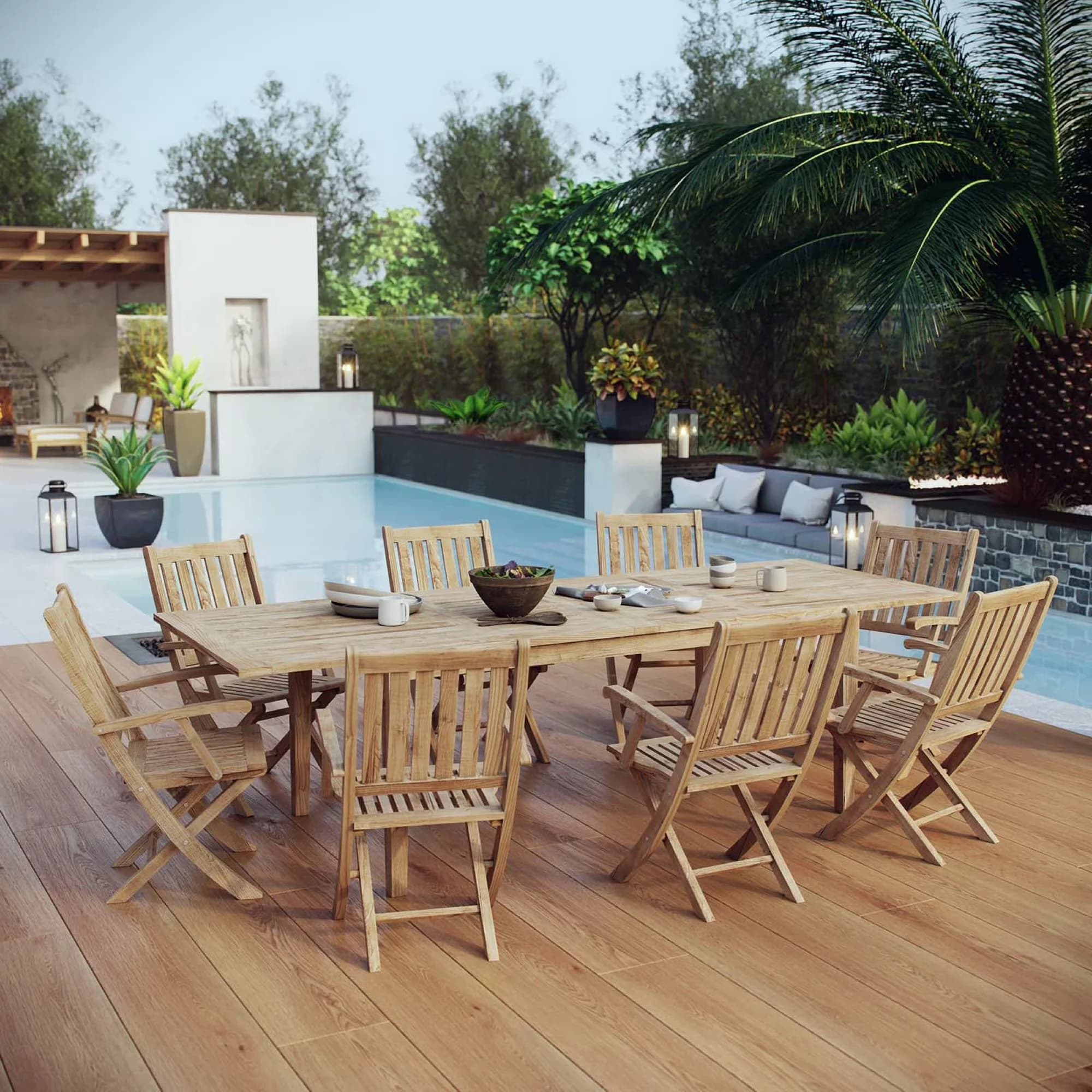 Sleek Patio Dining Set with Material: Solid teak wood, Marina 9-Piece Wood Outdoor, Collapsable middle leaves - Off-White Wood Model 1BFCDB