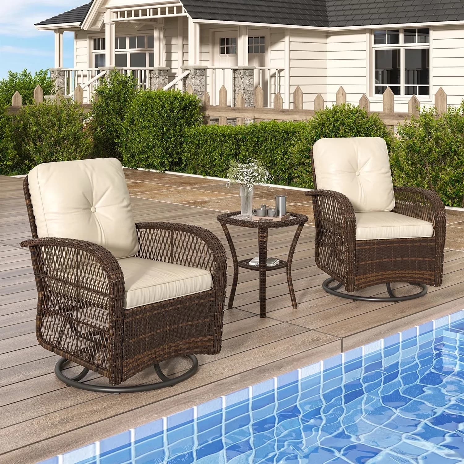 Patio Conversation Set Essential with Weatherproof, Coffee Table and White Cushions - Rattan, Glass, Sponge, Steel, And Polyester White Model 02F8C6