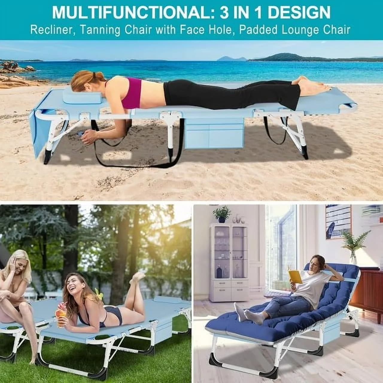 Beach Chair Modern with Adjustable, Folding, 5 Adjustable Positions - Blue Model 3891B4