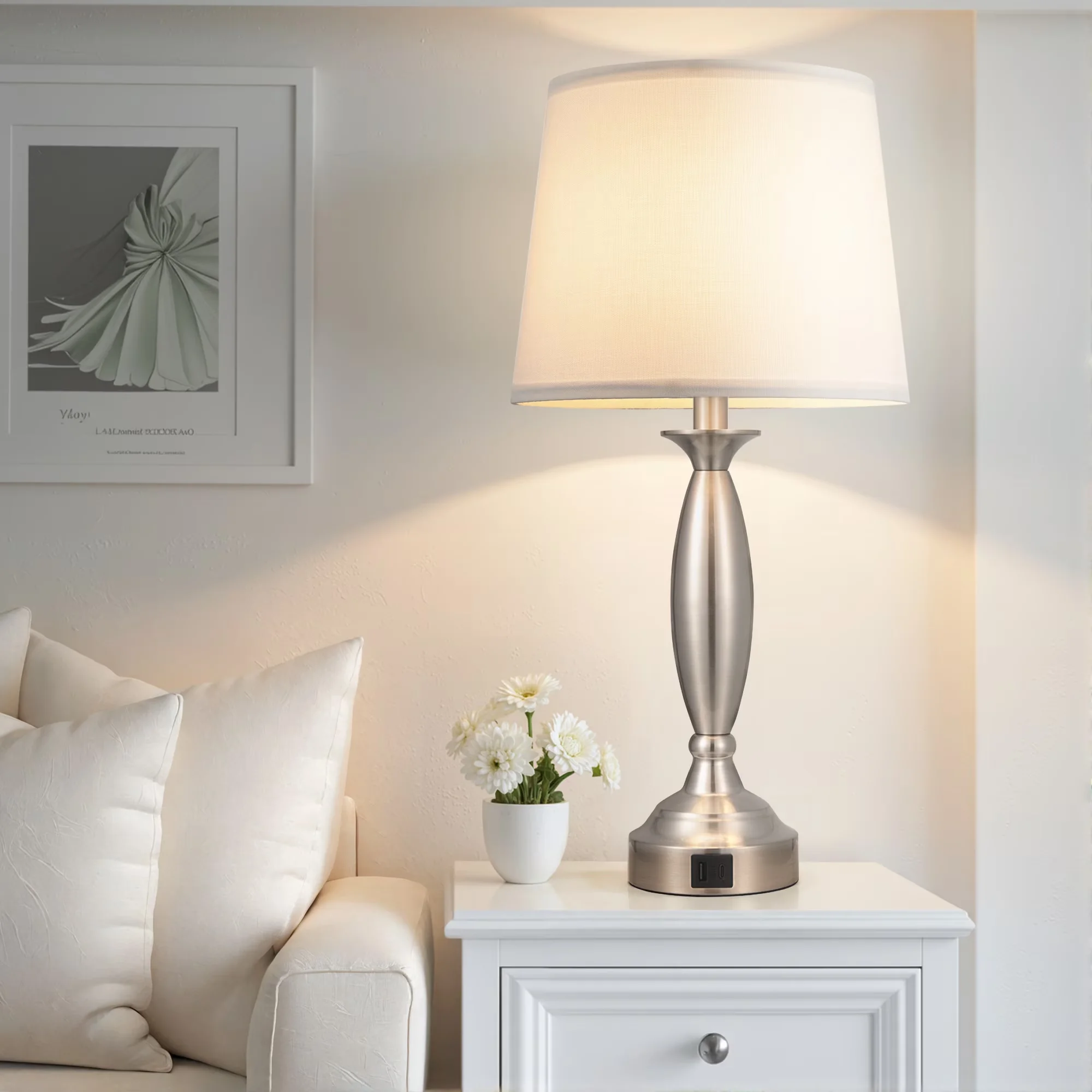 Essential Lamp Set with LED, Modern, Touch Sensor - Metal White, Silver for Bedroom, Dorm Model 98A09C