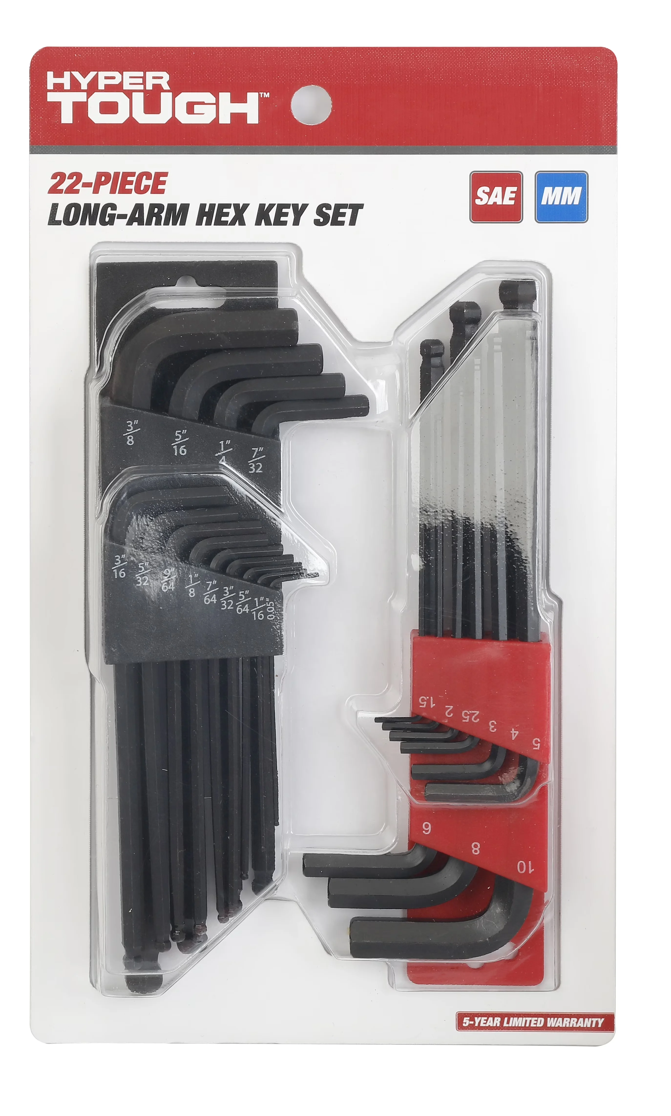 Premium Hand Tool with 22-Piece Long-Arm Ball End Hex Key Set, Organizer (SAE and mm), Included Hex Key Holder - Black Model 388537