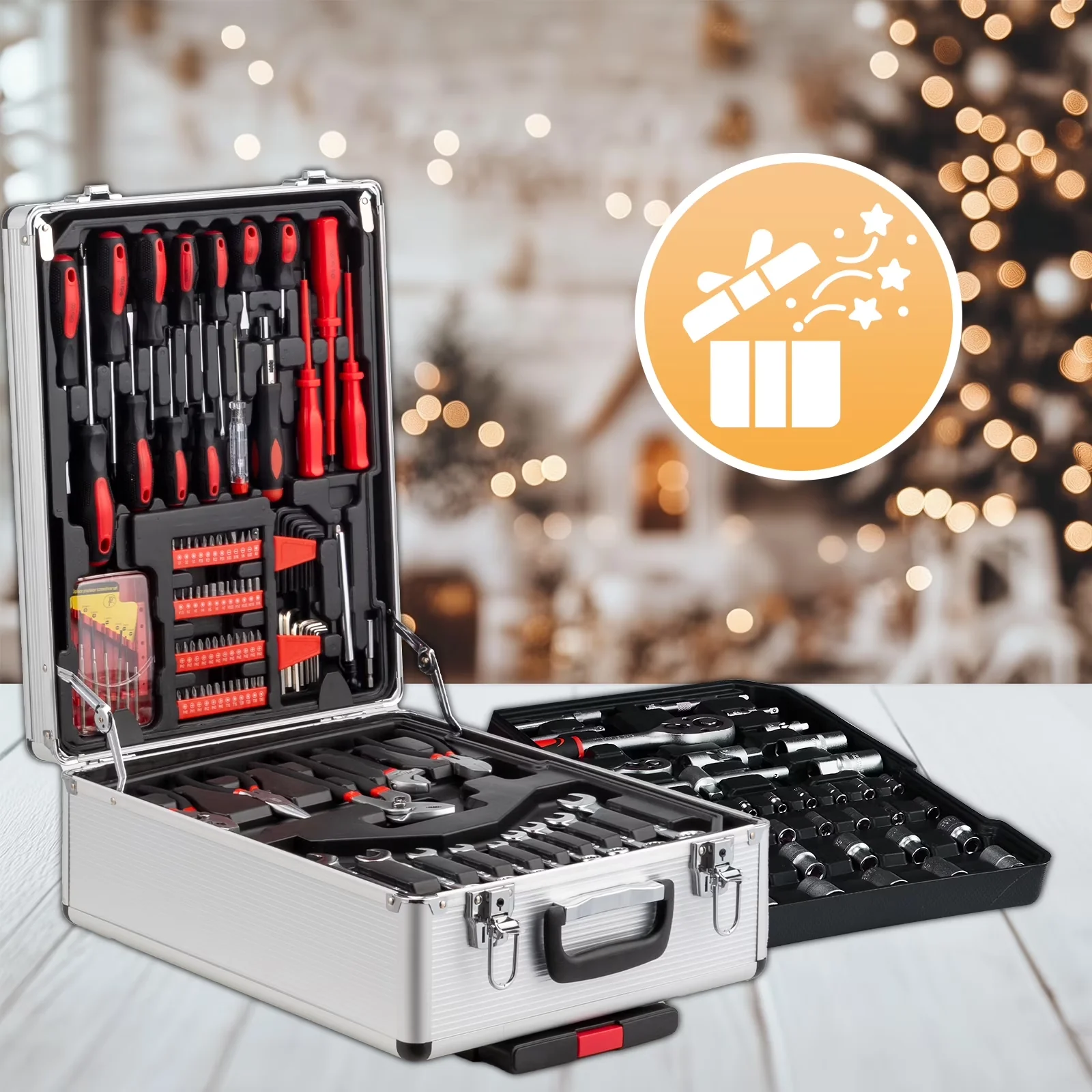 Stylish Hand Tool Set with Lockable, Two lockable latches on the top., Silver - Model 6C41C1