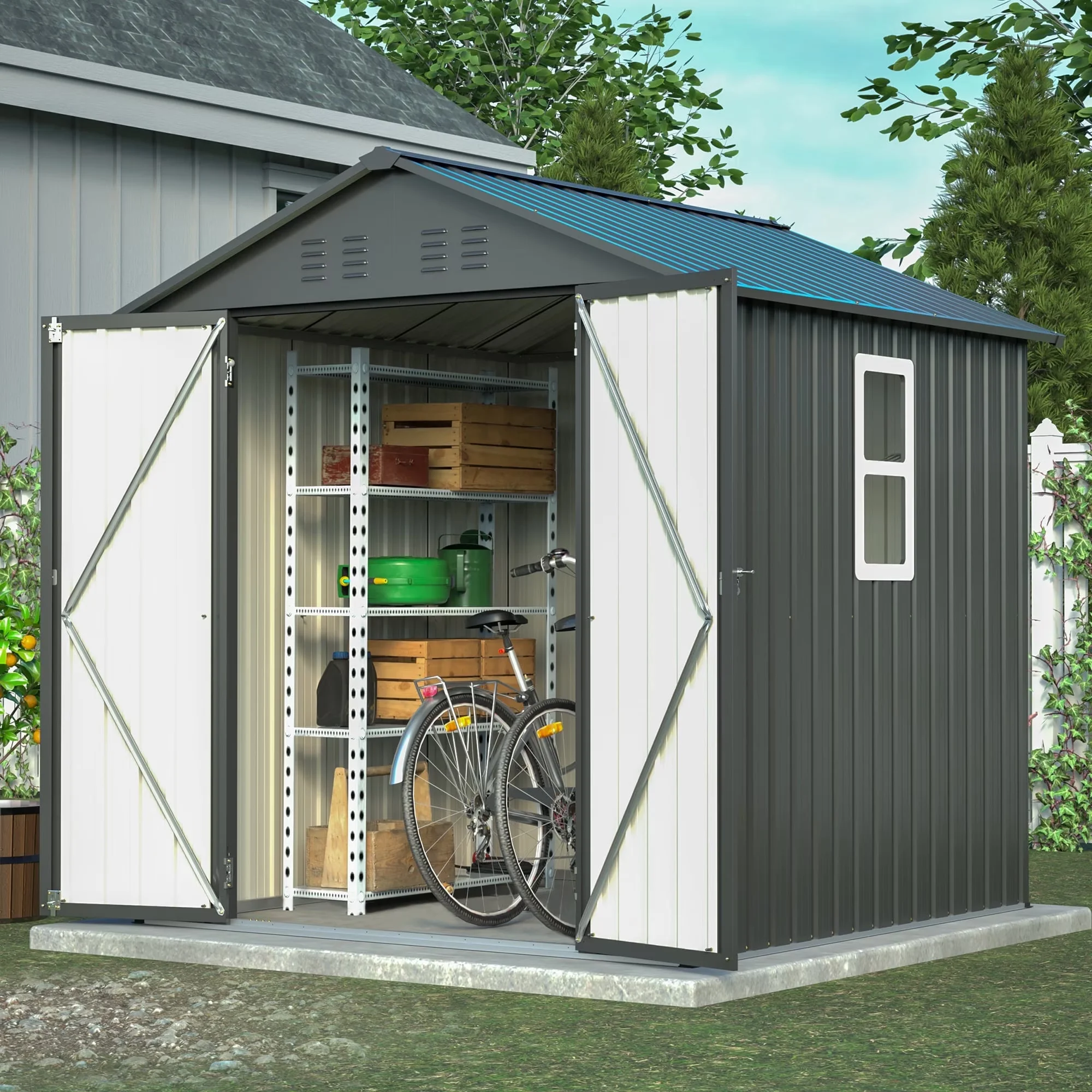 Durable Shed with Gable Roof, Steel Garden Sheds - Black Steel for Patio, Garage Model 73B012