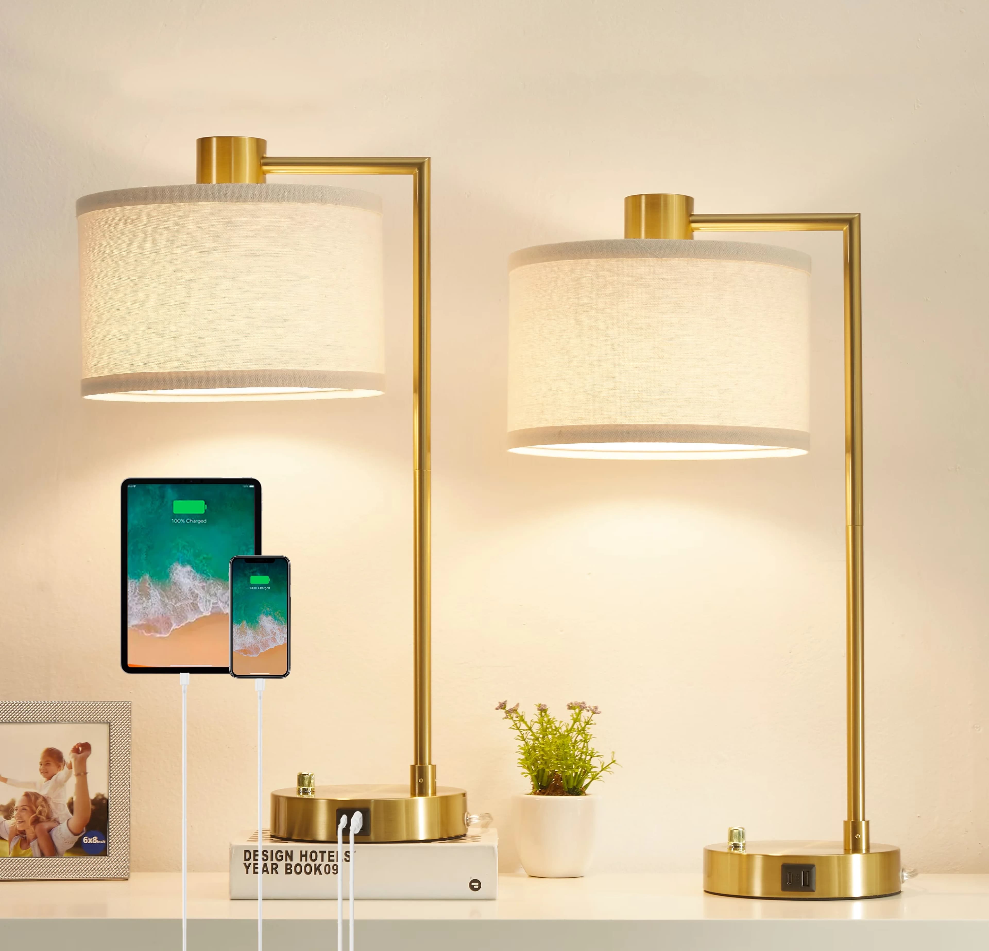 Innovative Table Lamp with LED, Mid-Century, Dimmable - Linen, Metal Gold Model 19E49C