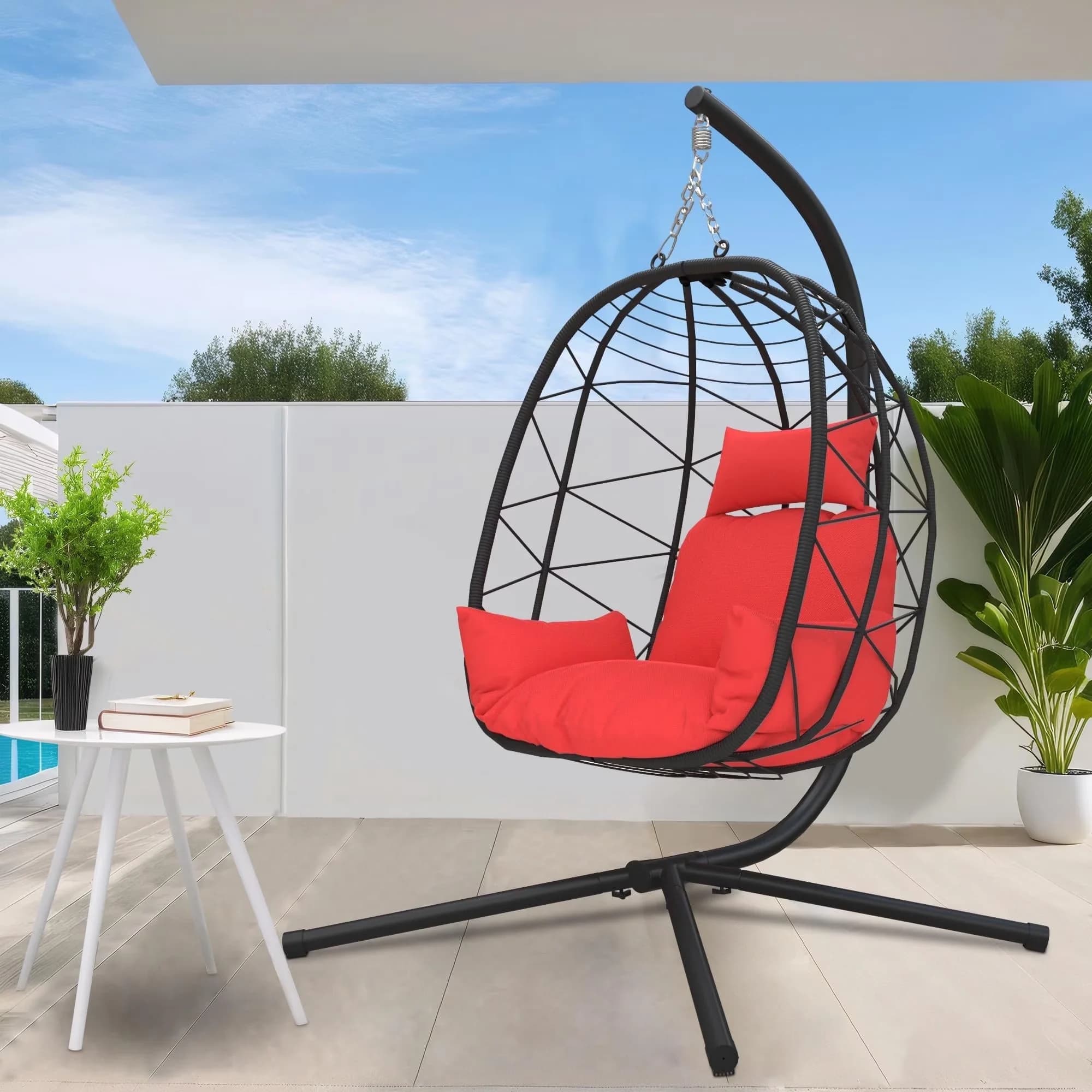 Stylish Patio Chair with Modern, Weather-Resistant, Wicker Egg Hanging - Steel Red Model 9294C1