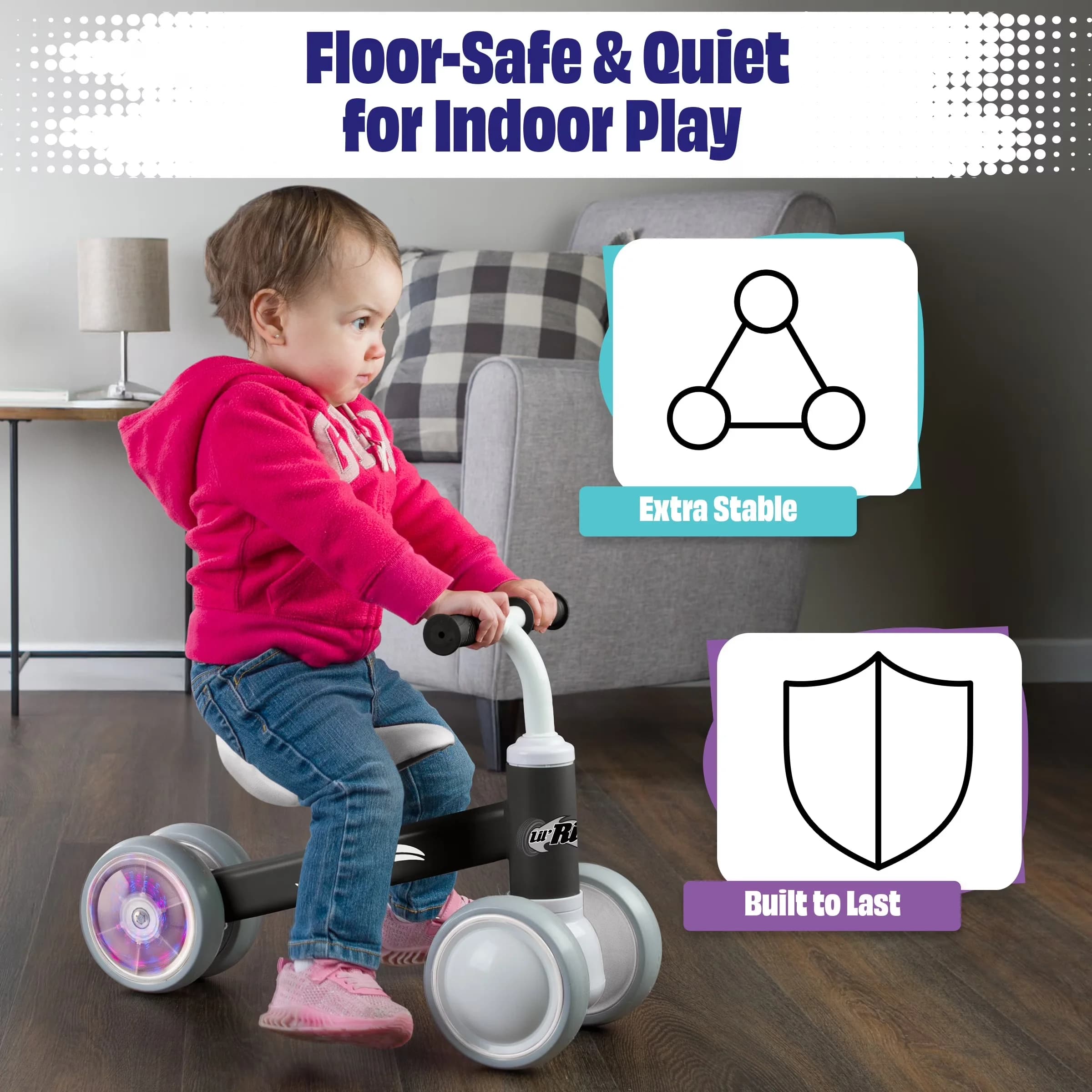 Sleek Kids Bike with 10-36 Month Toddler Balance, Light Up Baby Balance, No Pedals (Black) - White Model D984A3