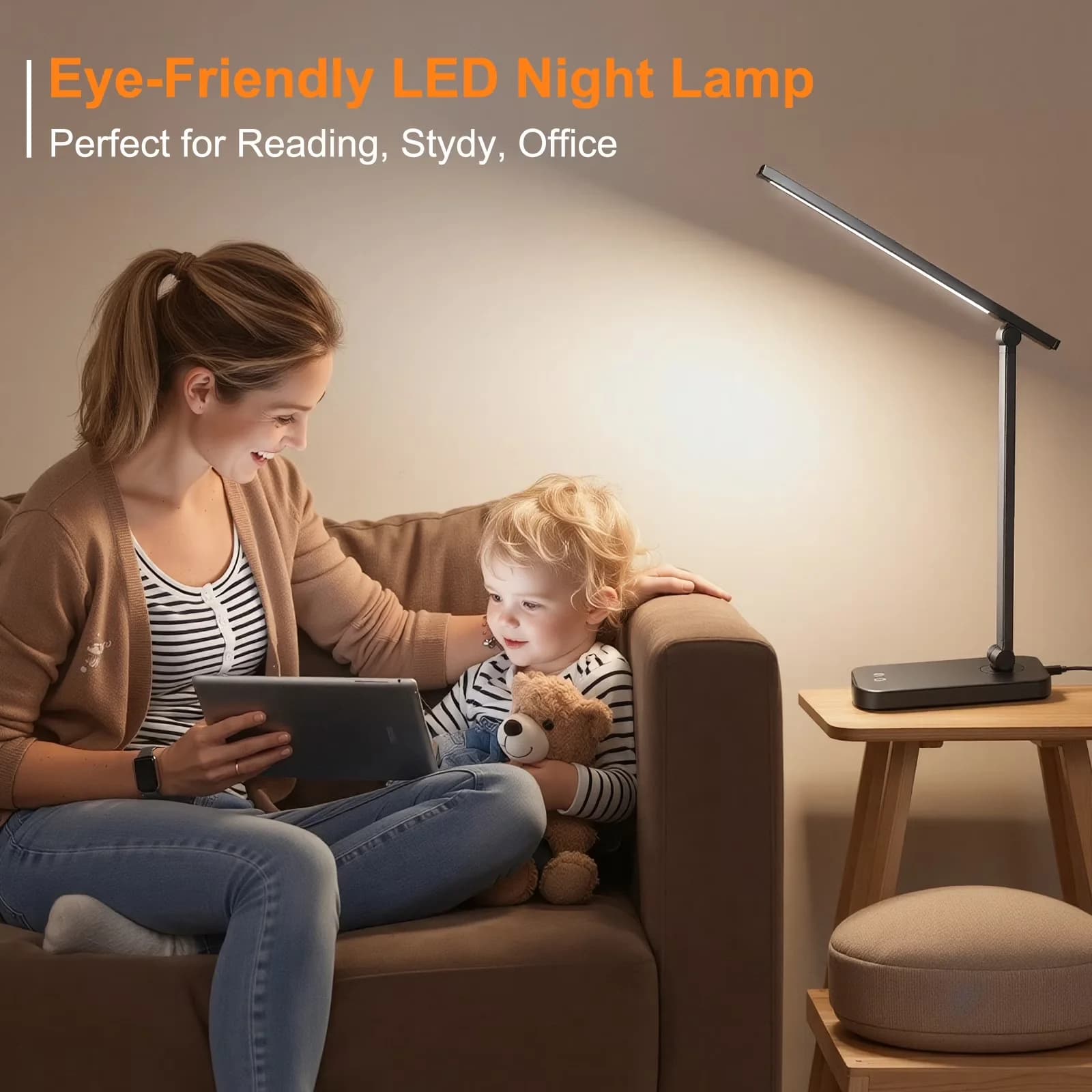 Desk Lamp Sleek with LED, Touch Sensor - Black Aluminum for Home Office Model 35FC2E