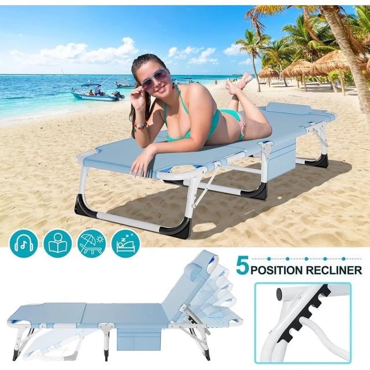 Beach Chair Modern with Adjustable, Folding, 5 Adjustable Positions - Blue Model 3891B4