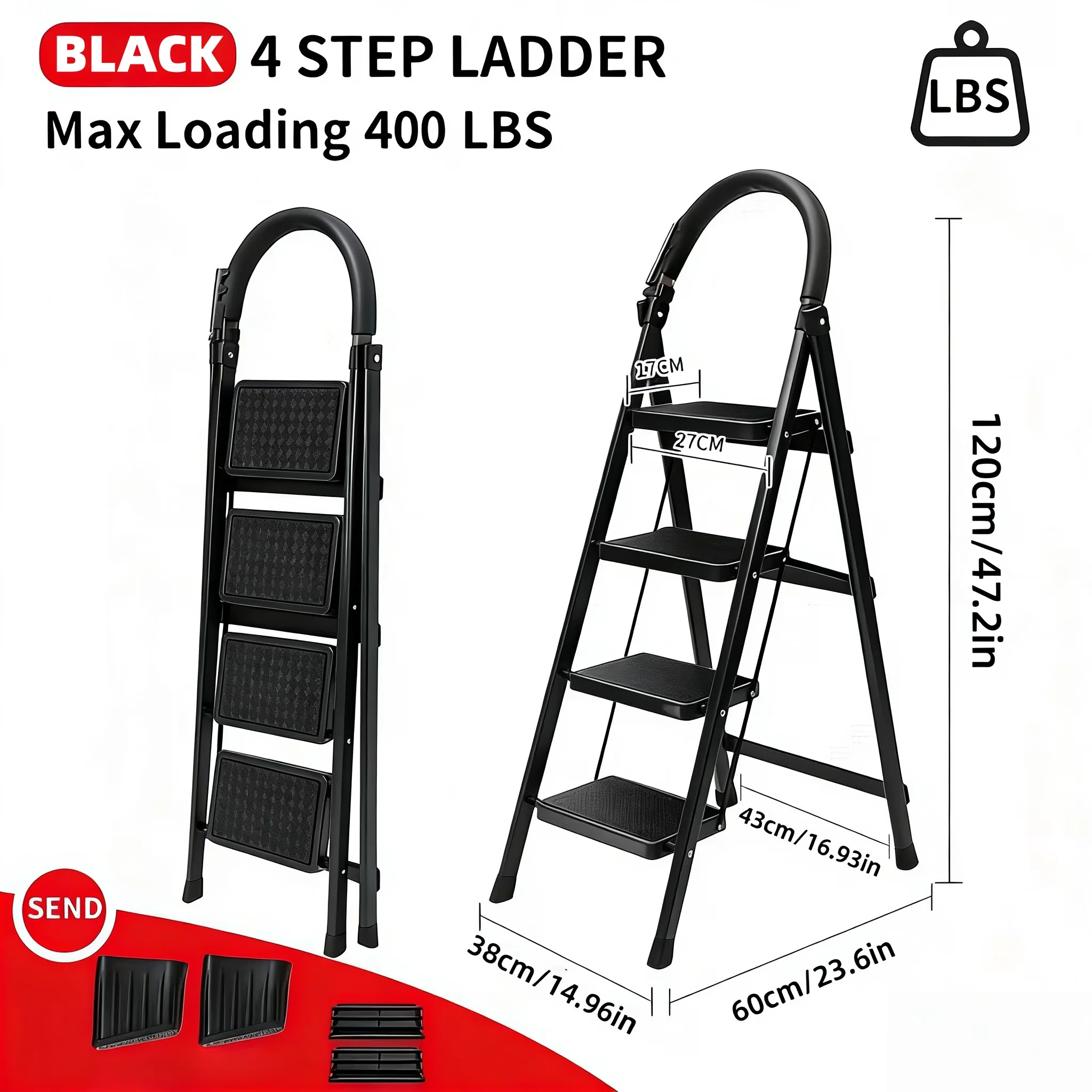 Versatile Building Material with foldable design, lightweight and portable, 4-step black ladder - Iron Black Model E27C77