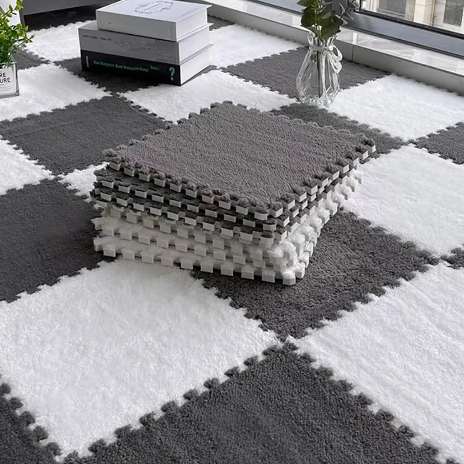 Stylish Grey Vinyl Flooring Vinyl Plank Flooring with 12x12 Inch Interlocking Carpet Tiles, Soft Non-Slip Foam Pads, Border - Cotton... Model B43D9A