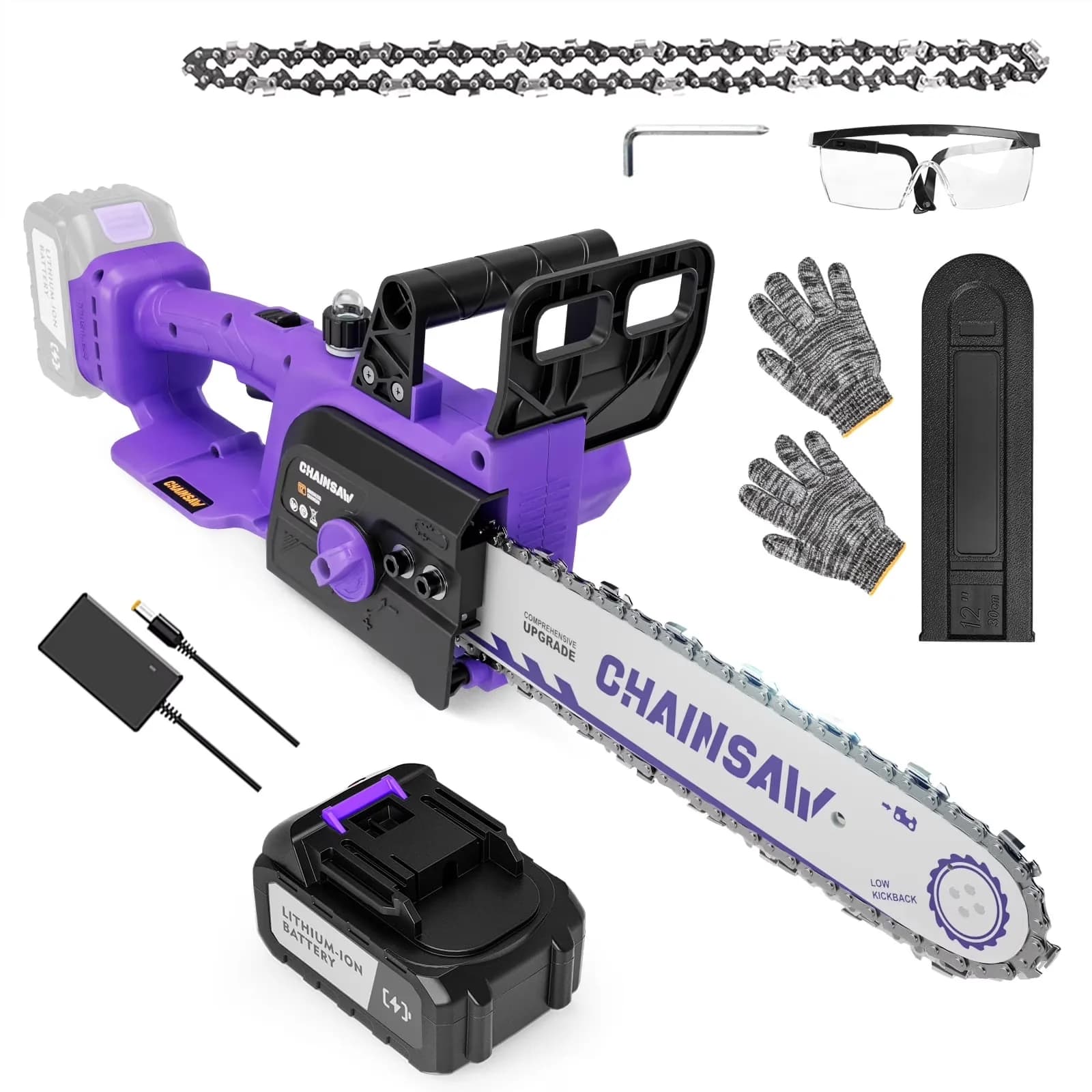 Durable Chainsaw with Battery, 20V, Brushless 12-Inch Cordless Electric - Purple Model 9EA655
