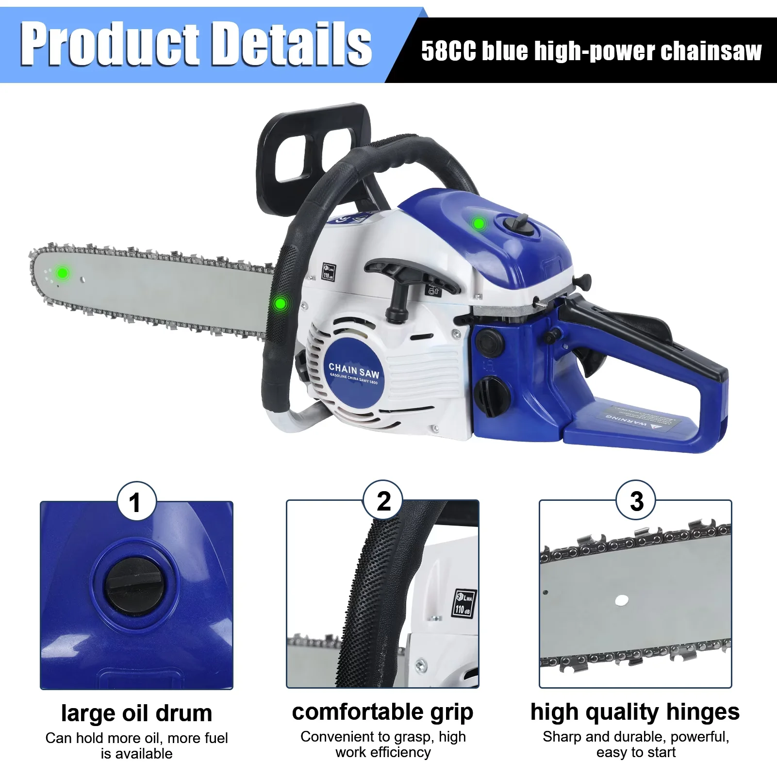 Sleek Chainsaw with Anti-Vibration, Anti-Vibration & QuickStop, 58cc 2-Stroke Gas - Blue Model EFE8C0