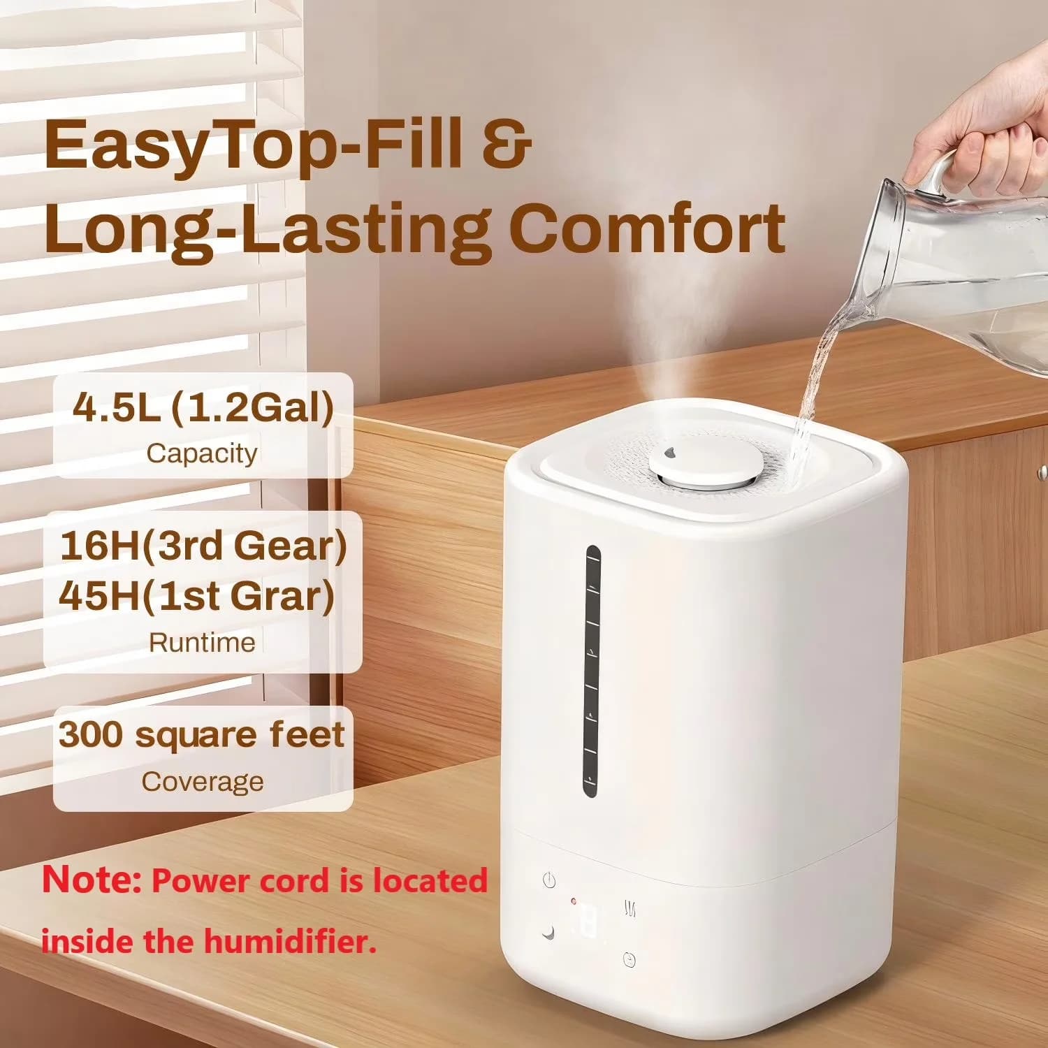 Premium Humidifier with Timer, Adjustable Humidistat - White for Bedroom Model 77C6A4
