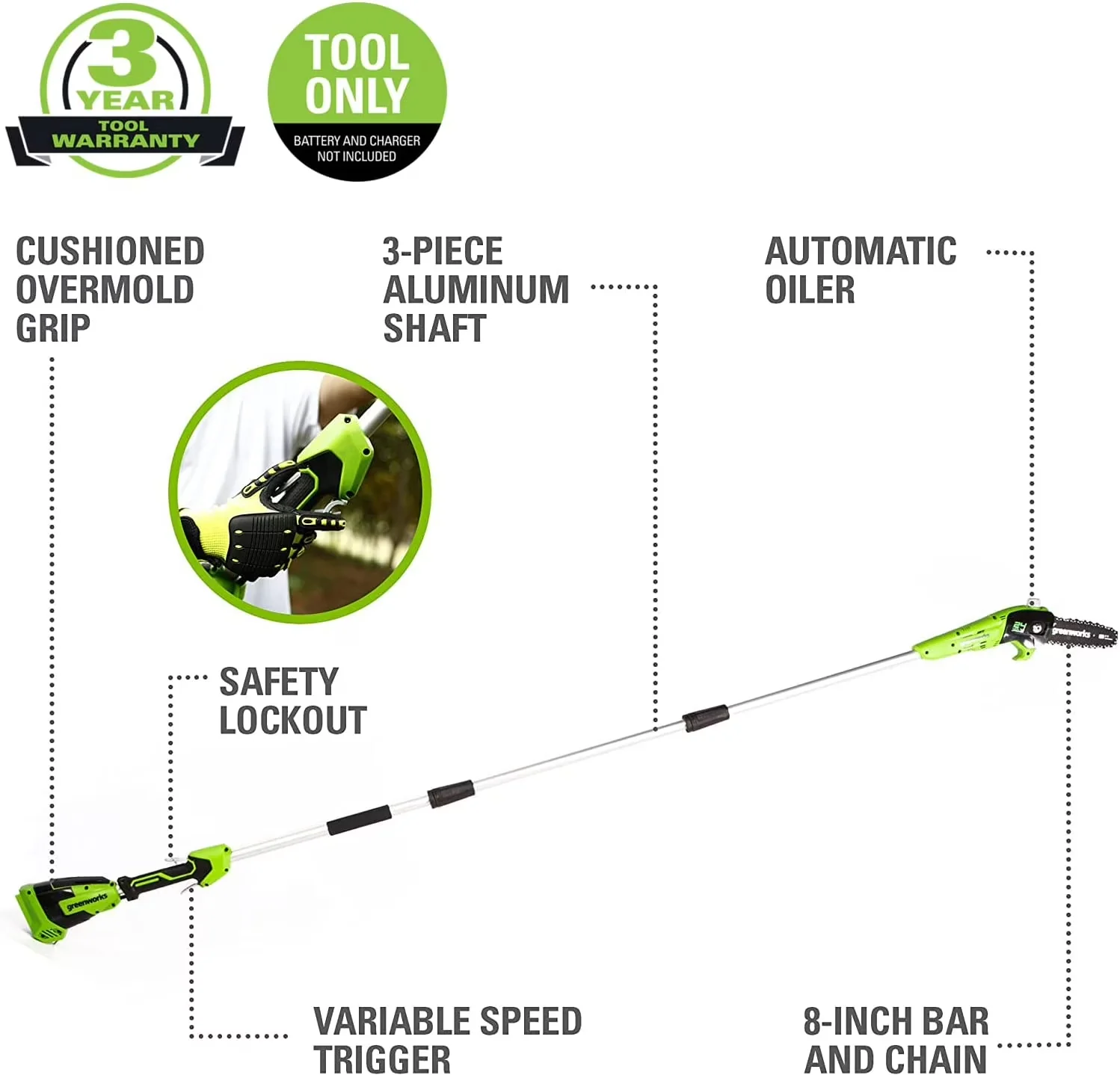 Durable Pole Saw with Battery, 24V, Automatic Chain Oiler - Quality Construction Model FC054B