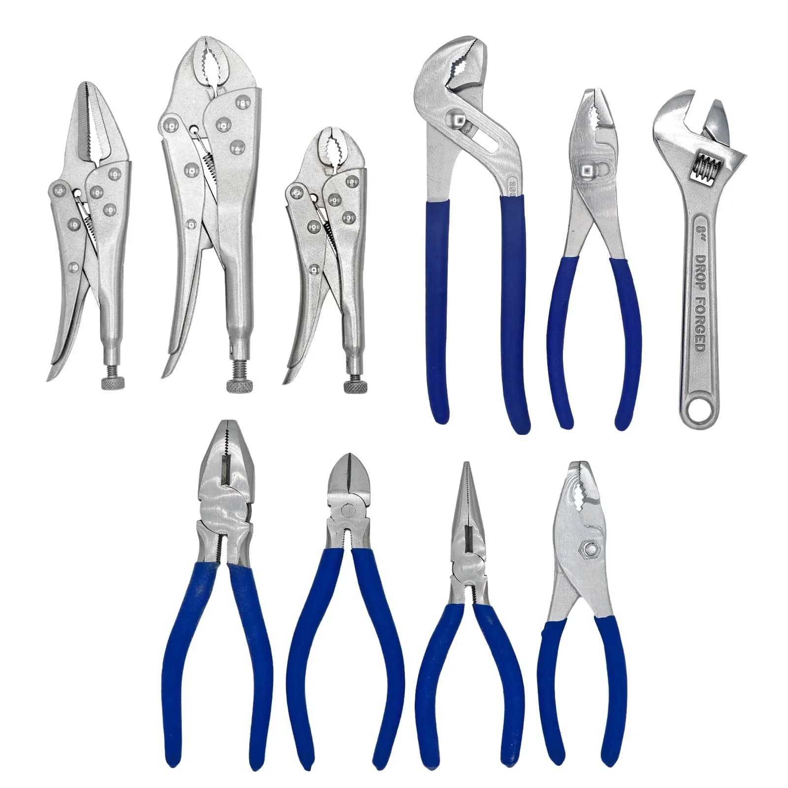 Hand Tool Set Sleek with Easy To Operate, 10PC Adjustable Wrenches & Locking Plier - Silver Model 6D2161