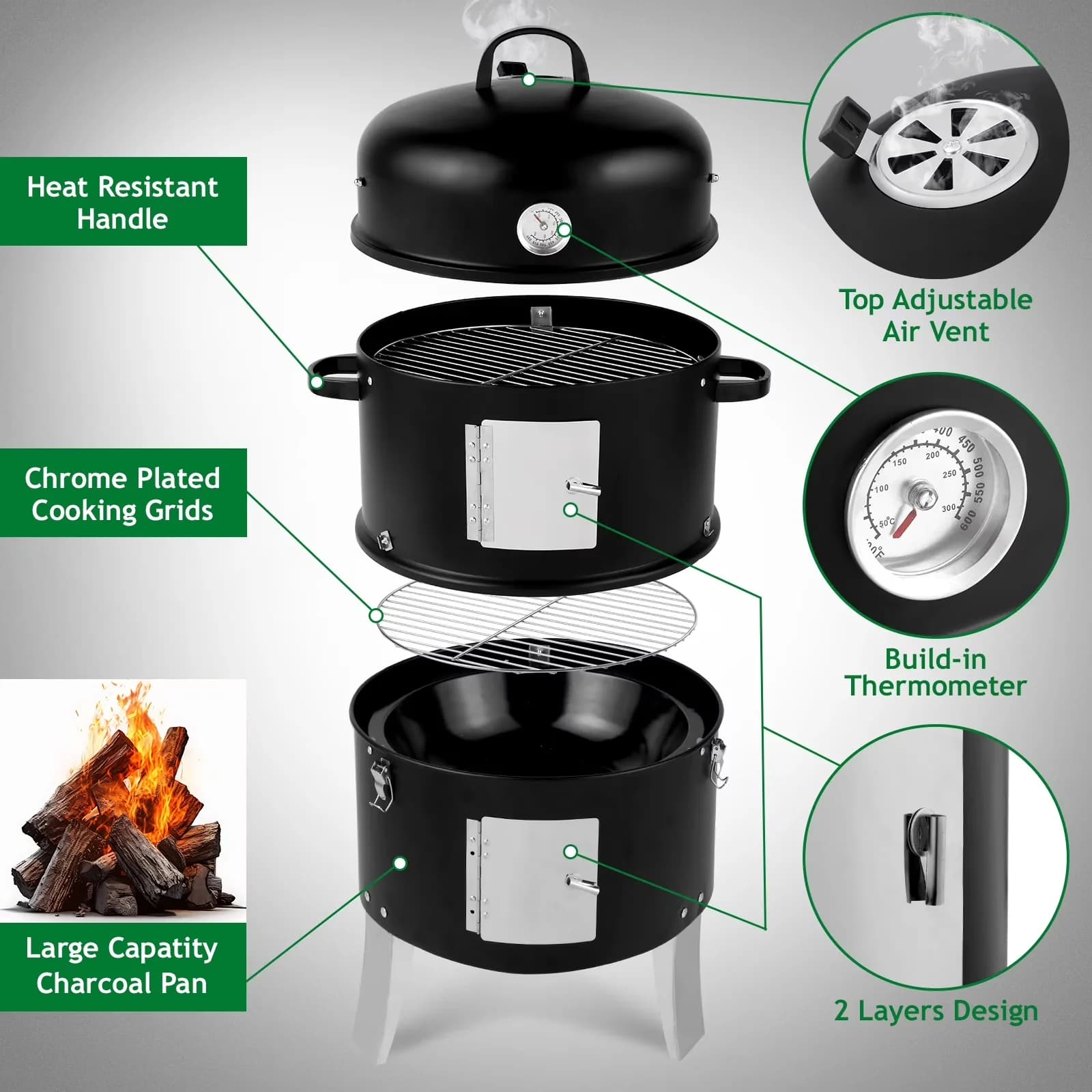 Quality Combo Grill with Adjustable Air Vents, 3-IN-1 Multipurpose - Iron & Stainless Steel Model 3037DA