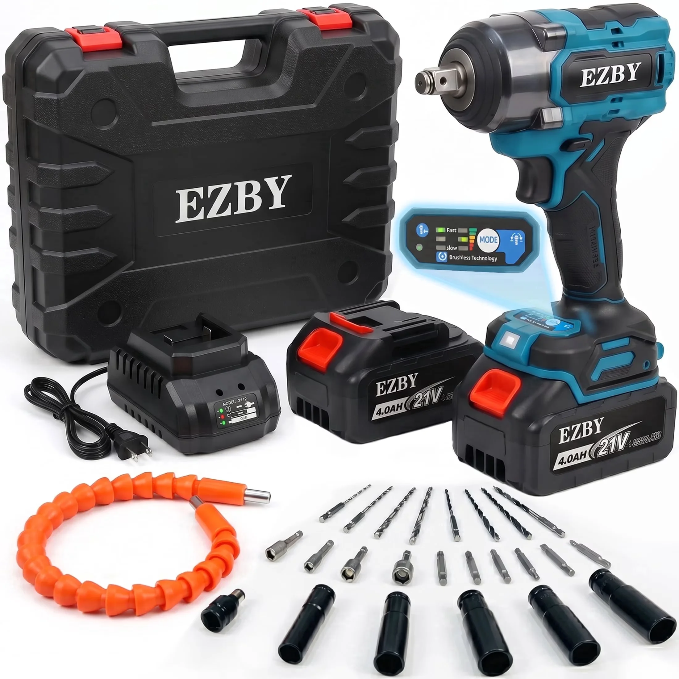 Air Tools Compressor Premium with Battery, 21V, Cordless Impact Wrench Kit - Blue Model 1FE287