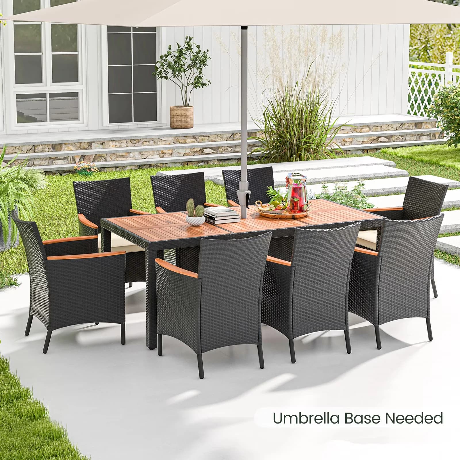 Modern Patio Dining Set with Storage, Modern - Black Acacia Wood, Pe Rattan, Metal, 180G Non-Woven Fabric, Sponge Model CE18C1