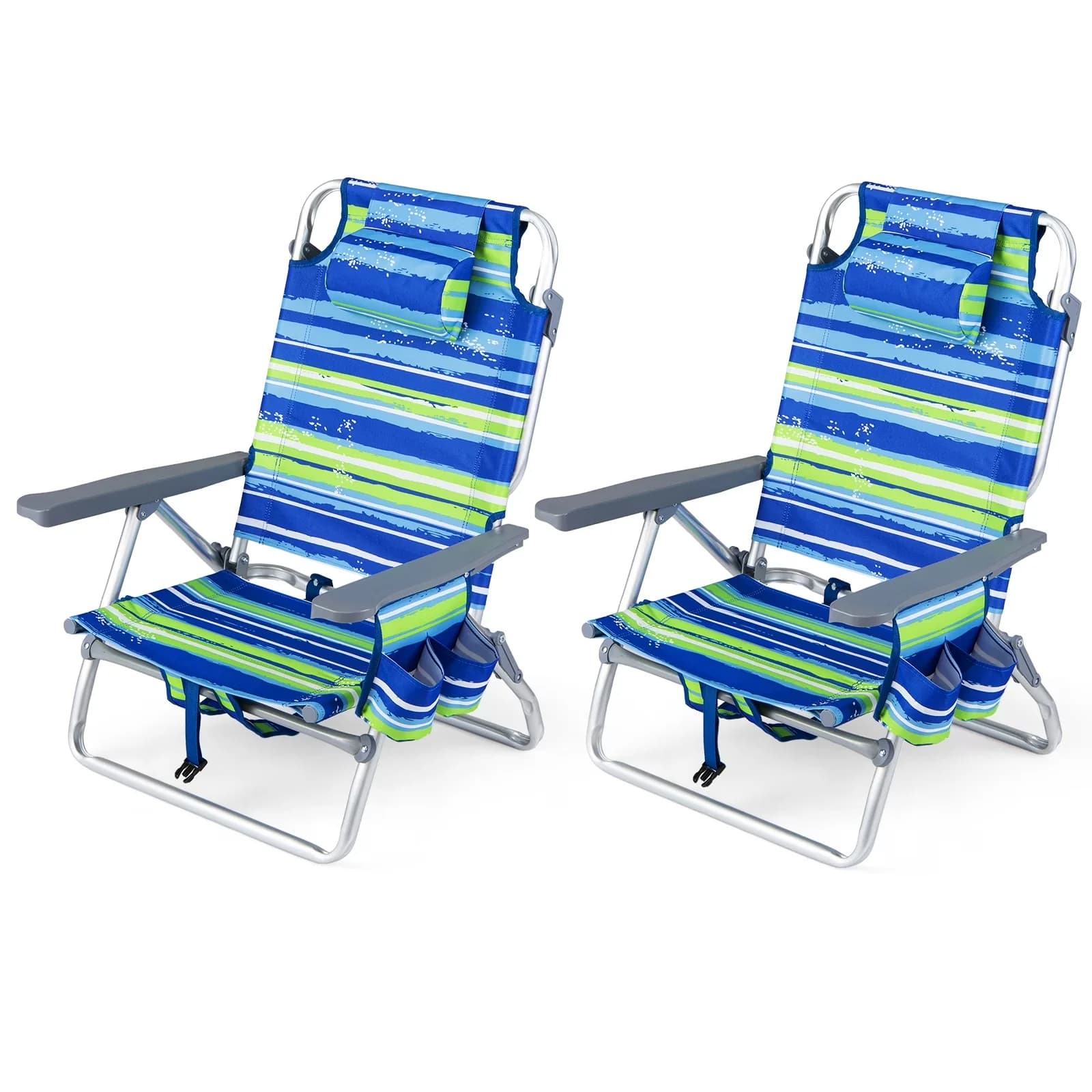 Quality Beach Chair with Adjustable, 5-Position Backrest & Padded Headrest, Cup Holder & Ice Bag Blue Stripe - Blue Model B1CB3A