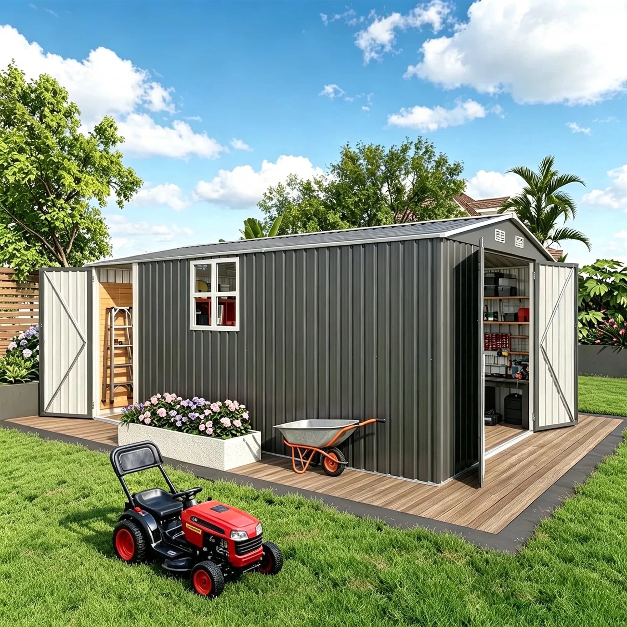 Compact Shed with Rot Resistant, Lockable Door, 10x14FT Metal Outdoor Storage - Gray Metal Model 0FF460