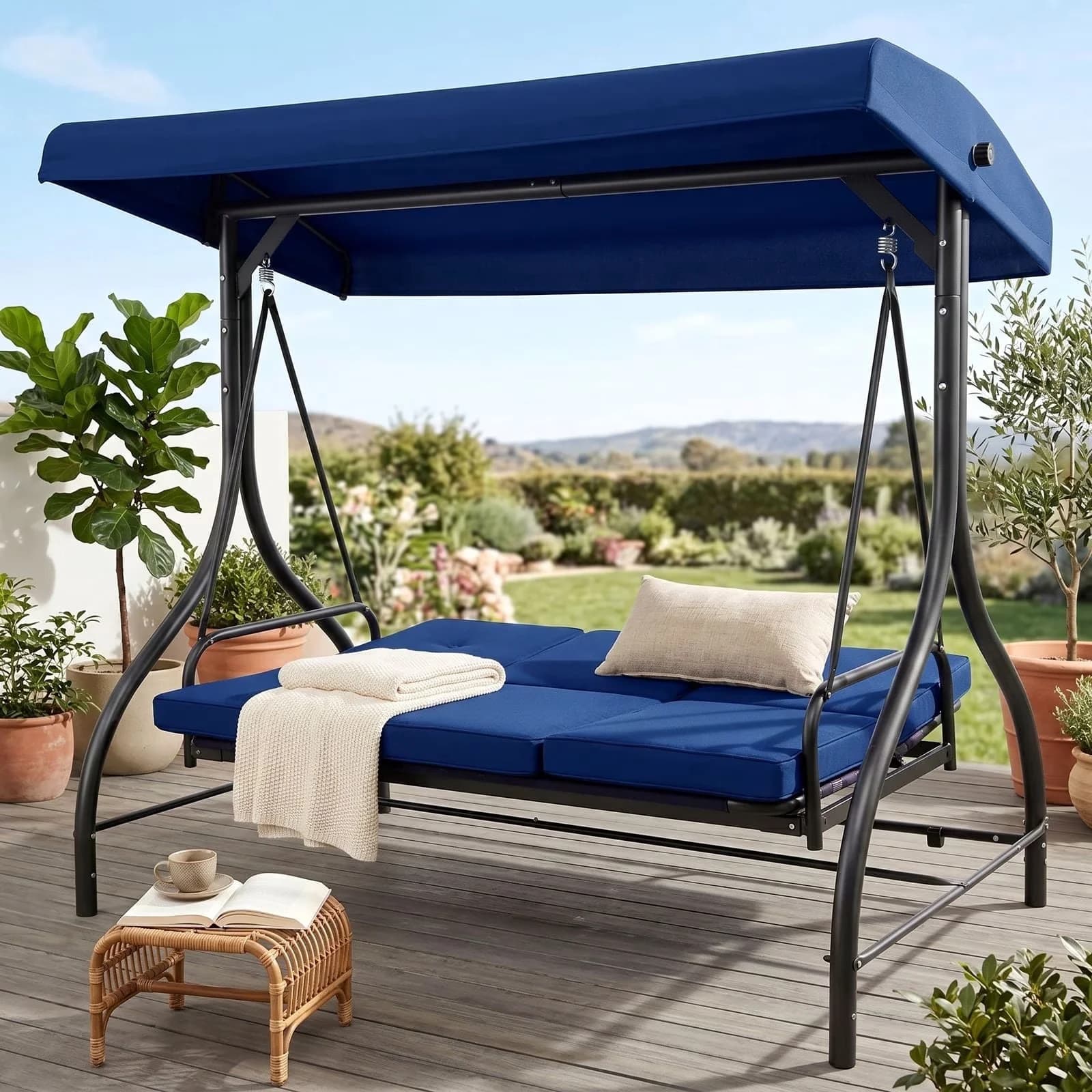 Stylish Patio Chair with Reclining, Removable Cushions, Adjustable Canopy Tilt - Iron, Polyester Cloth Blue Model F2EC97