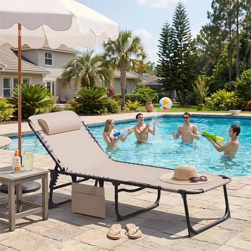 Stylish Beach Chair with Adjustable, Teslin Foldable Lounge - Beige Teslin Model 1751BC