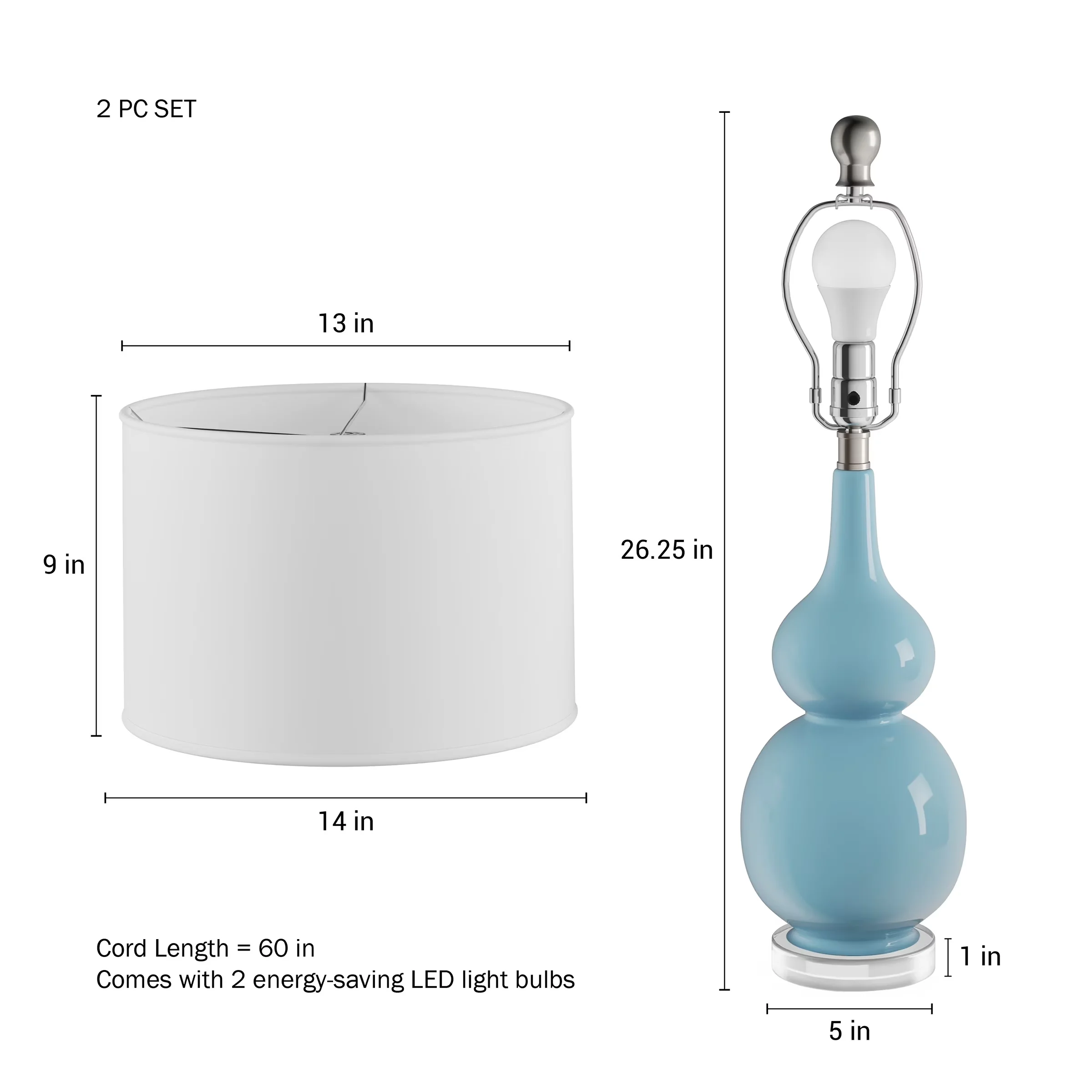 Sleek Lamp Set with LED, Energy Efficient - Ceramic, Acrylic, Poly-Cotton Fabric White, Blue for Living Room, Bedroom Model 8C06D4