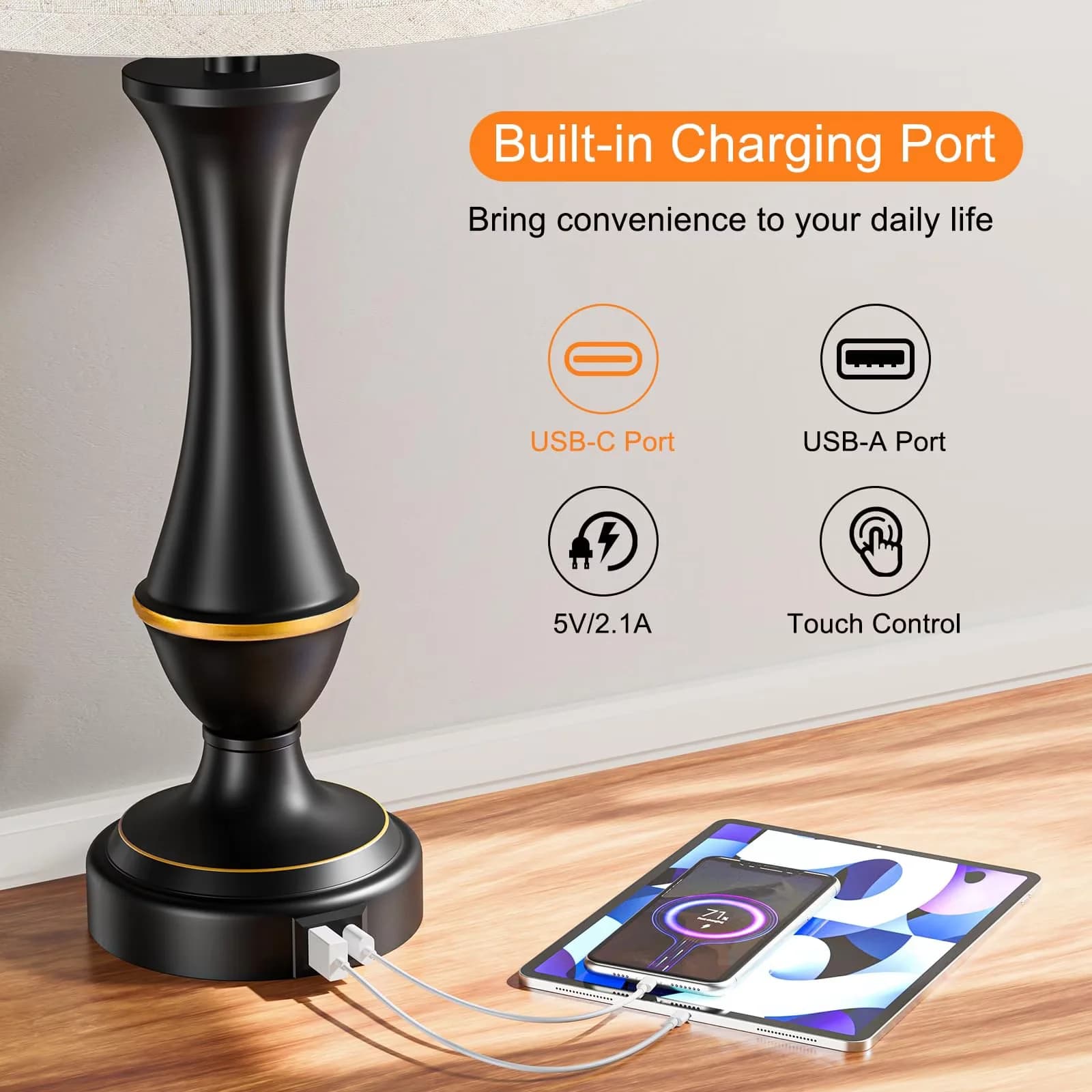 Premium Lamp Set with Touch Sensor, Traditional, Upgraded Touch Lamps - Black Plastic Model 294244