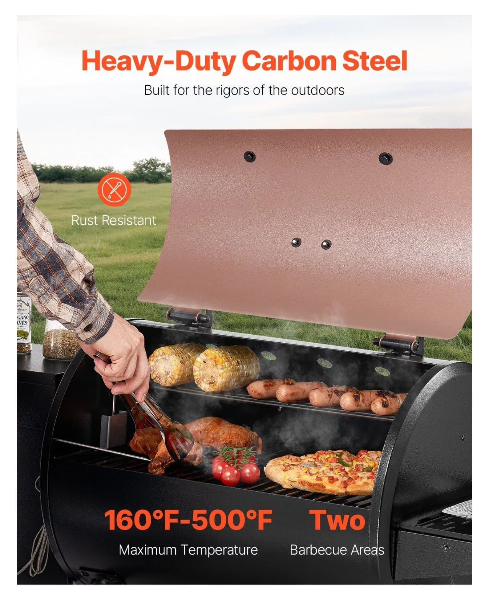 Premium Smoker with Digital Temperature Control, 8-in-1 BBQ Grill, Wood Pellet Grill - Black Carbon Steel Model 001E8B