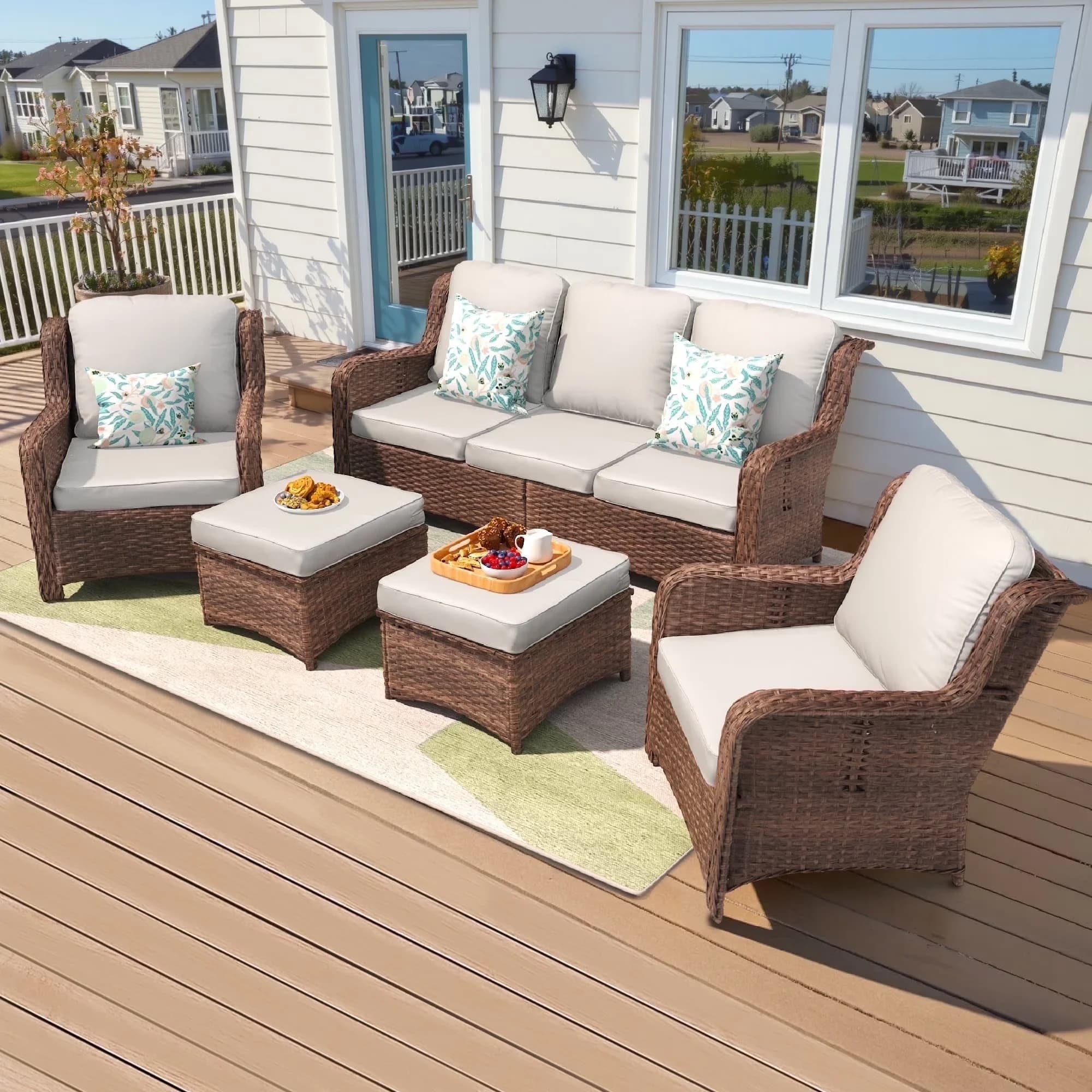 Essential Patio Conversation Set with Weatherproof, All-Weather Wicker Rattan High Back, Ottoman - Wicker White Model E0EFE2