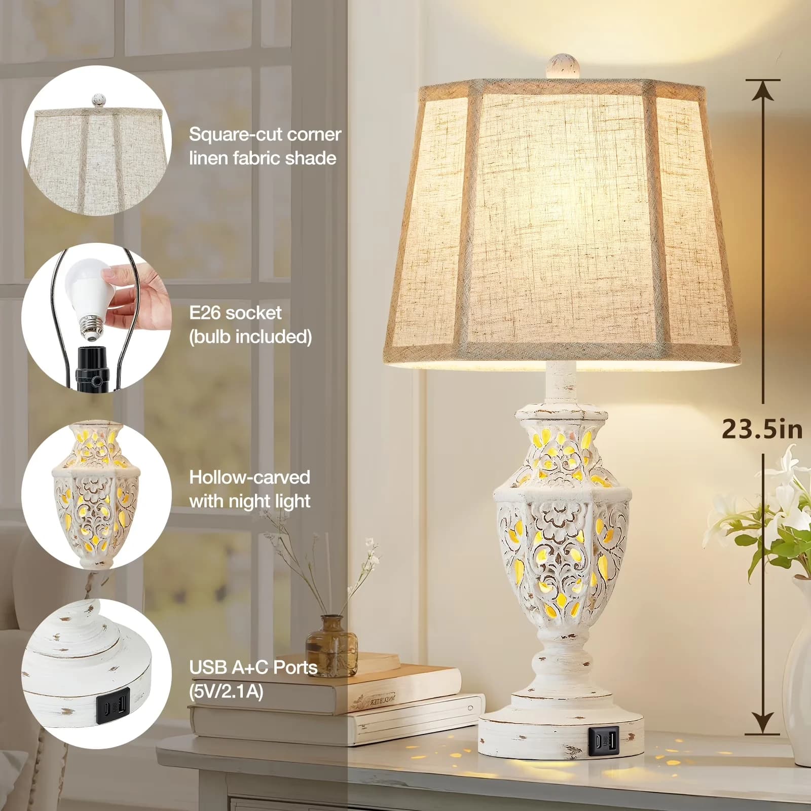 Essential Lamp Set with LED, Power Outlet, Usb Port - White Metal,Resin,Linen for Living Room, Bedroom Model A9135C