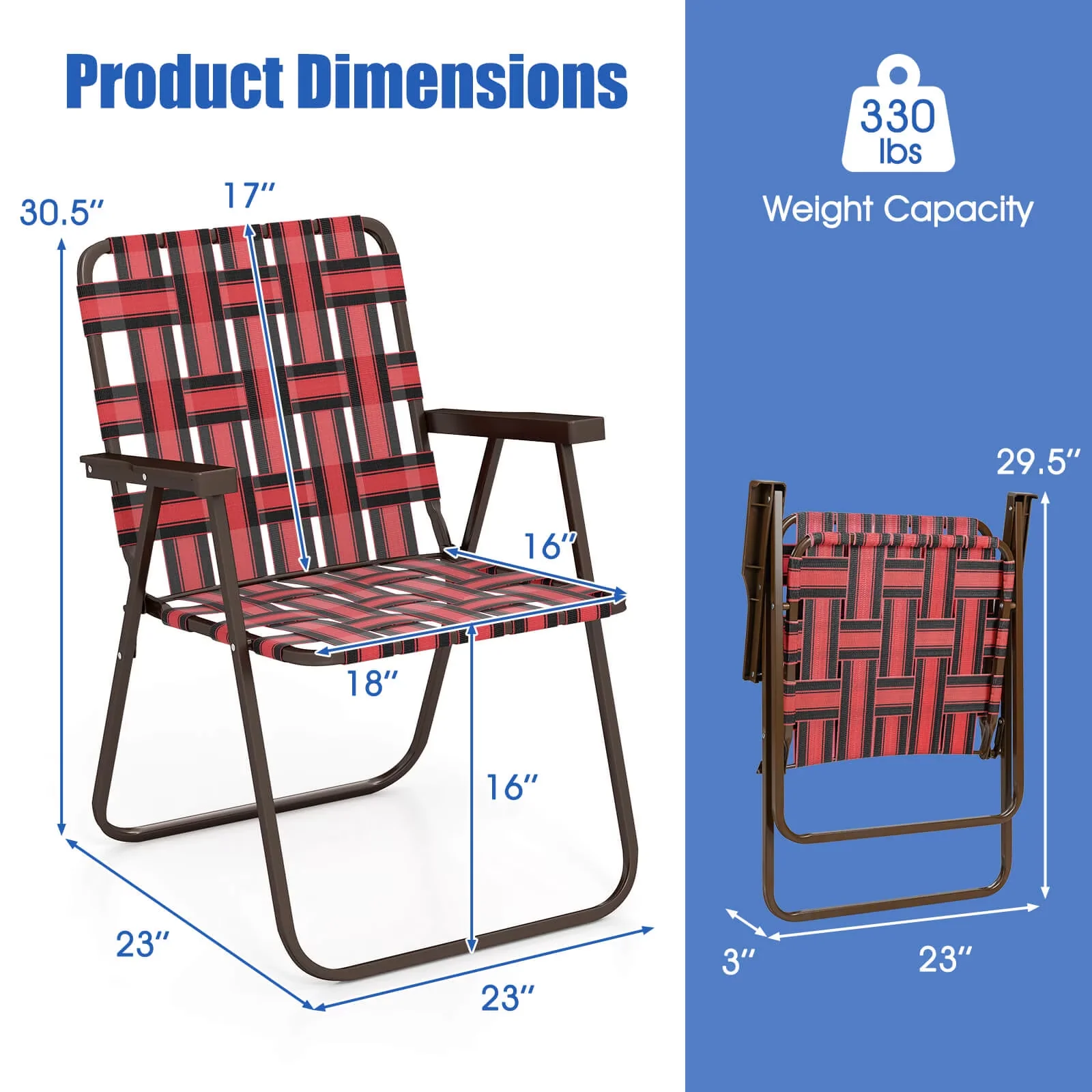 Sleek Beach Chair with Folding, Armrests, Folding Chairs Set of 2 - Red Model 81C425