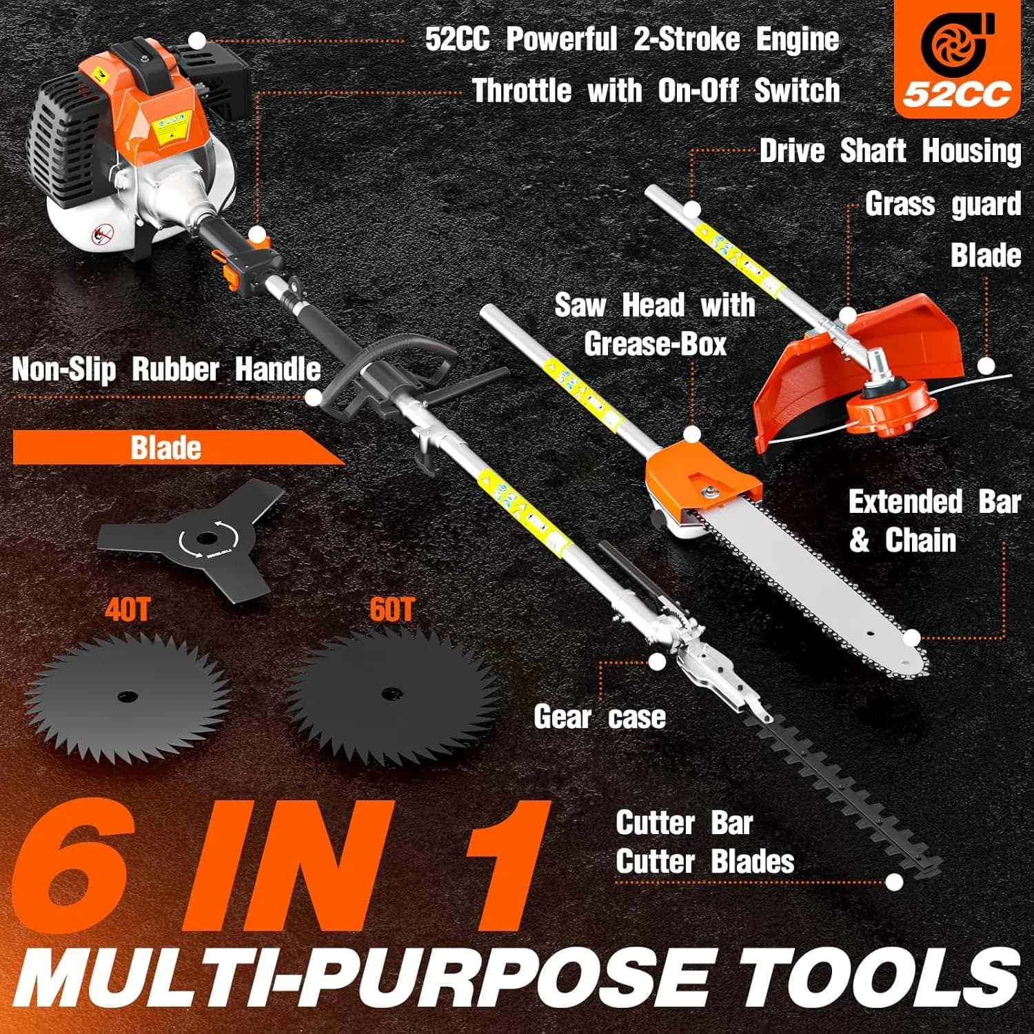 Essential String Trimmer with Antivibration, Lawn Mower, 52cc 2-Stroke 6-in-1 Gasoline Fence - Orange Model C68D2A