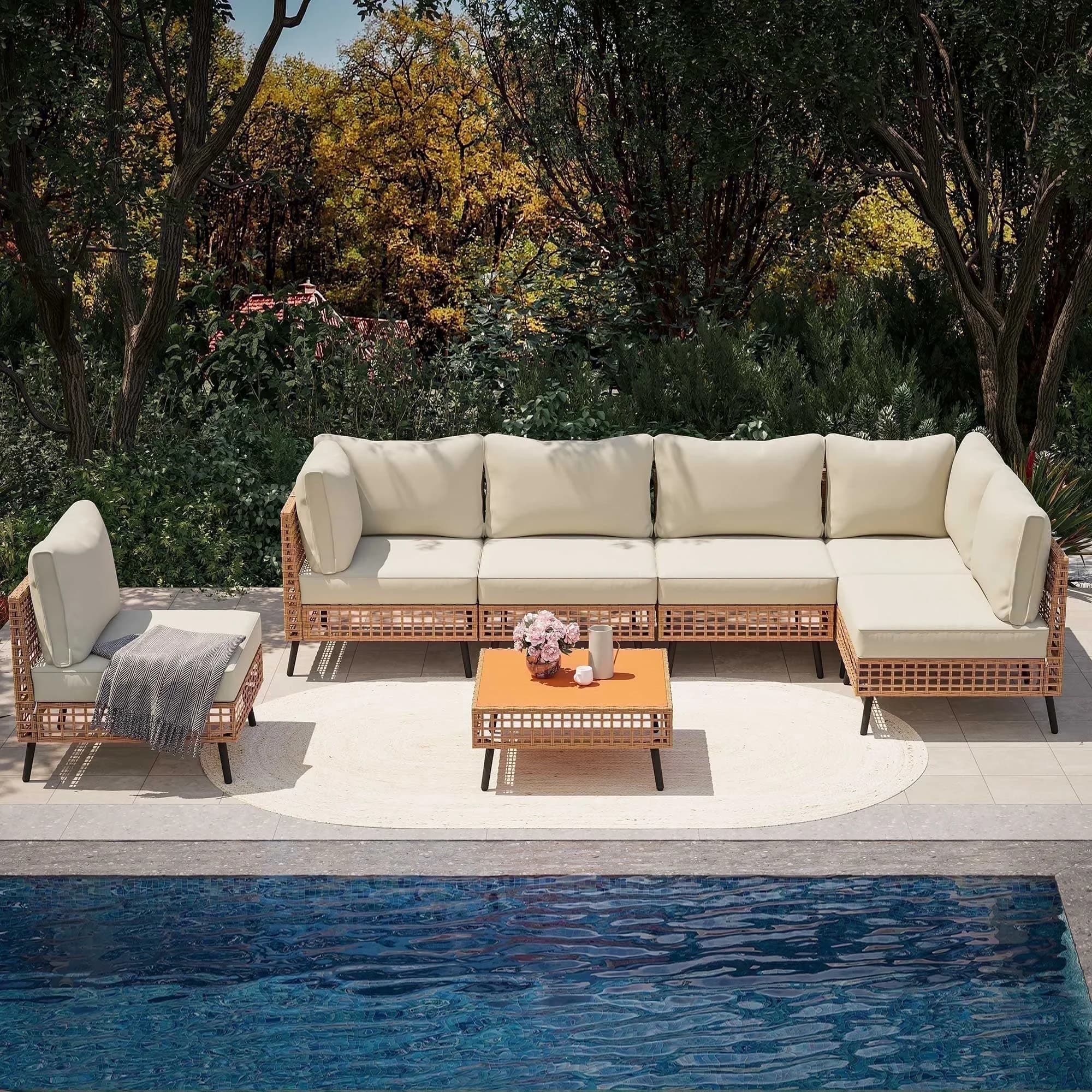 Sleek Patio Conversation Set with Sectional Sofa, Cushions, 7-Piece Outdoor Wicker Furniture - Pe Wicker, Polyester, Steel Beige Model E73895