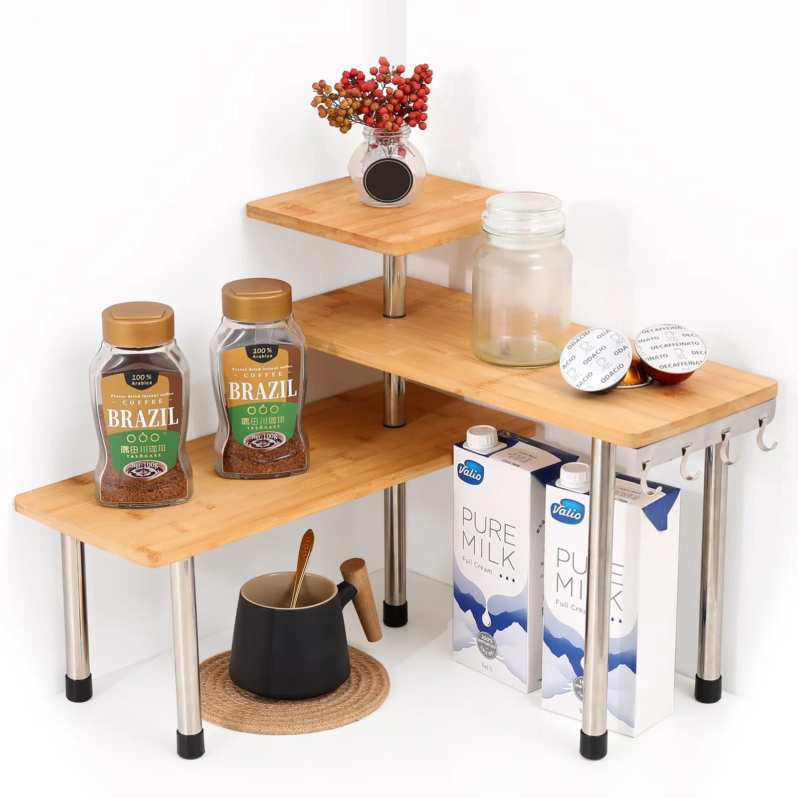 Garage Storage Supply Sleek with Bathroom Display Counter Shelves, 3 Tier Kithen Countertop Organizer, Bamboo Corner Shelf - Off-White Model 89A0DB