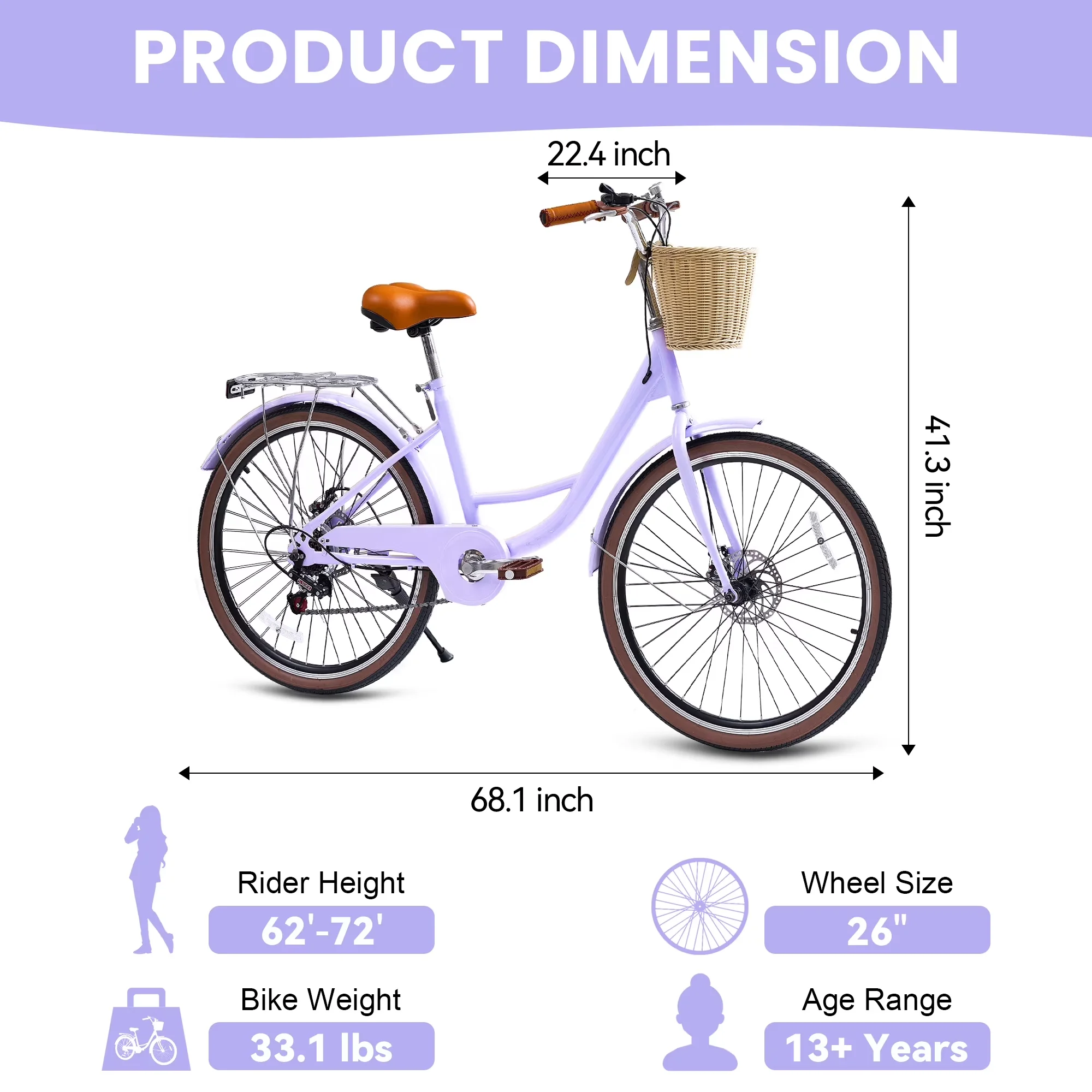 Essential Cruiser Bike with Lightweight, 24 Inch Beach - Light Purple - Residential Grade Model CEE8CD