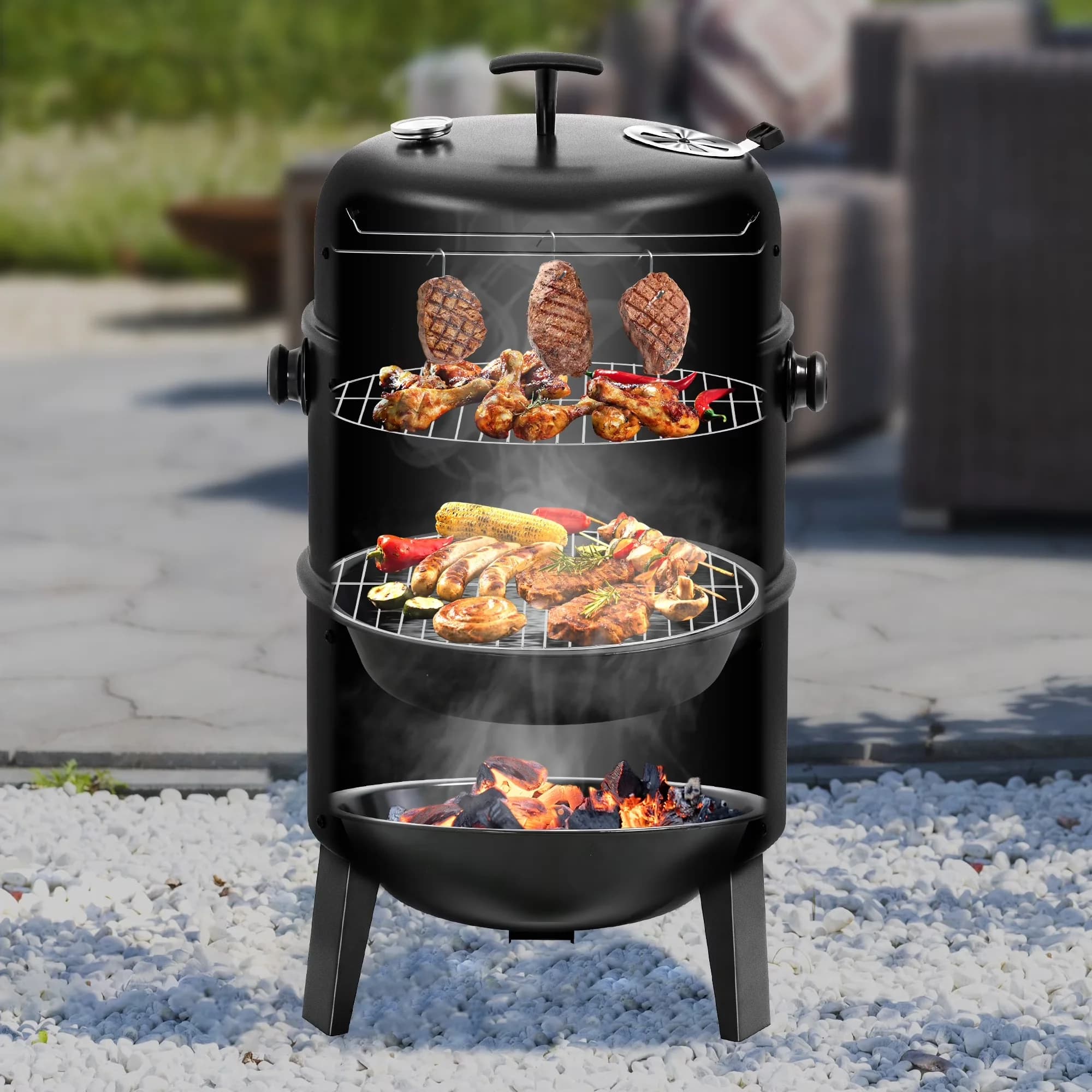 Versatile Charcoal Grill with Adjustable Air Vents, Heavy Duty 4 in 1 Fire Pit - Stainless Steel Model D07AD9
