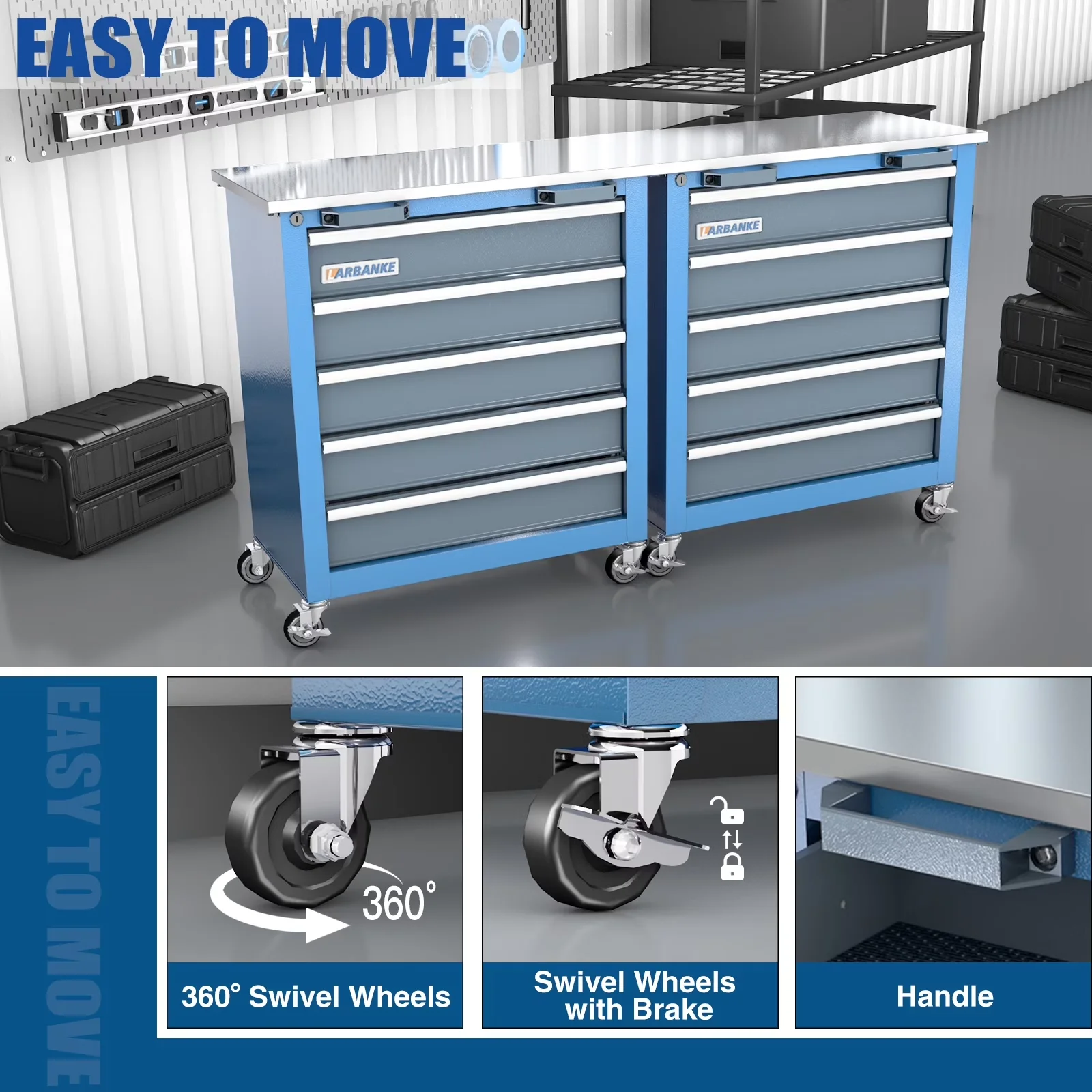 Quality Toolstorage with Caster Wheels, Storage, Rolling Tool Chest 5-Drawer Tool Cabinet - Blue Metal Model 3452F6