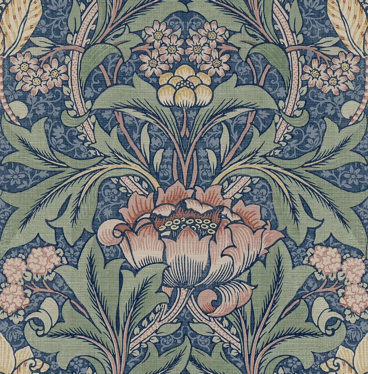 Efficient Wallpaper with Removable, Morris Flower Peel and Stick - Denim Blue & Salmon Vinyl Model B80610