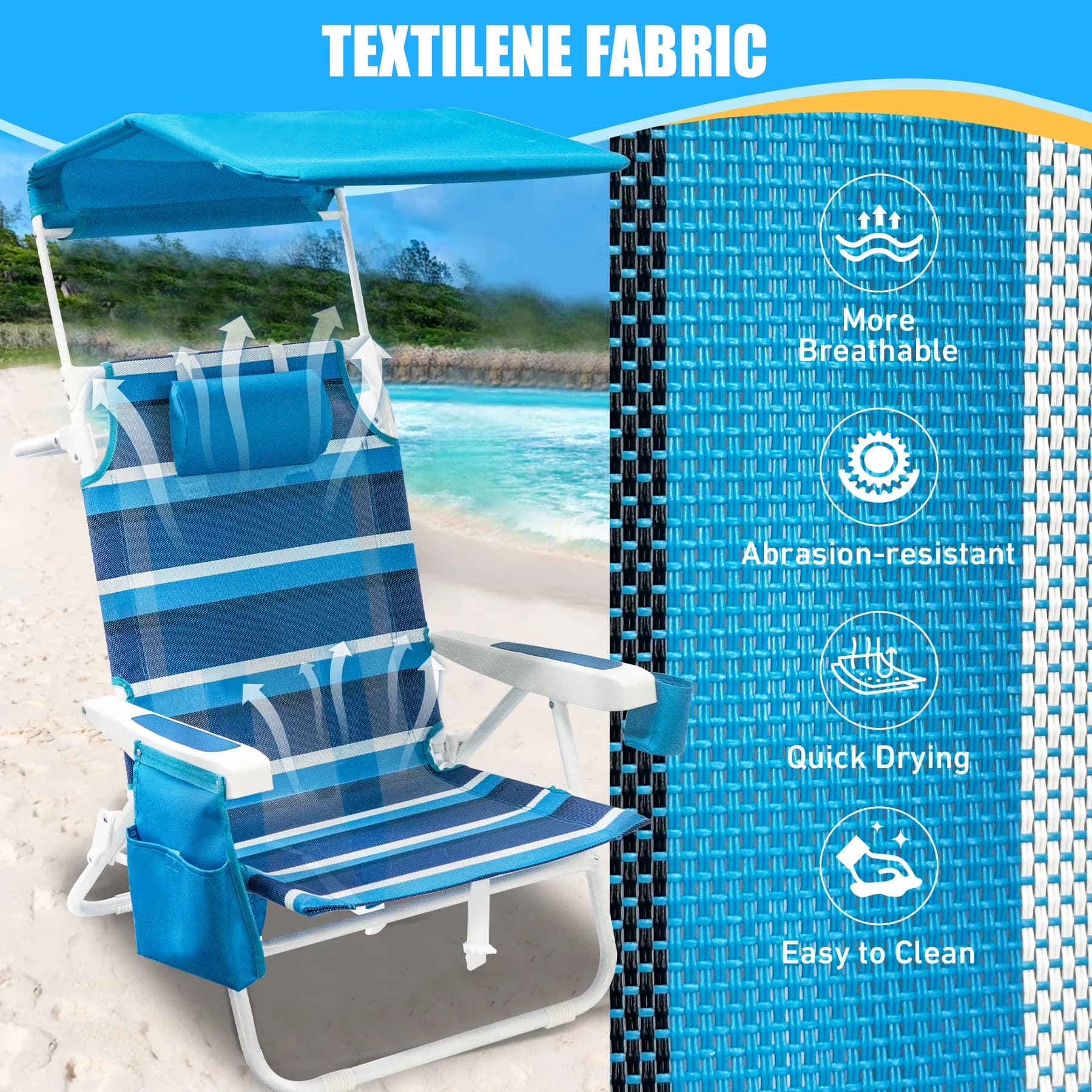 Professional Beach Chair with Adjustable Tilt, Foldable - Blue Alloy Steel,Textilene Fabric for Patio Model C57A33